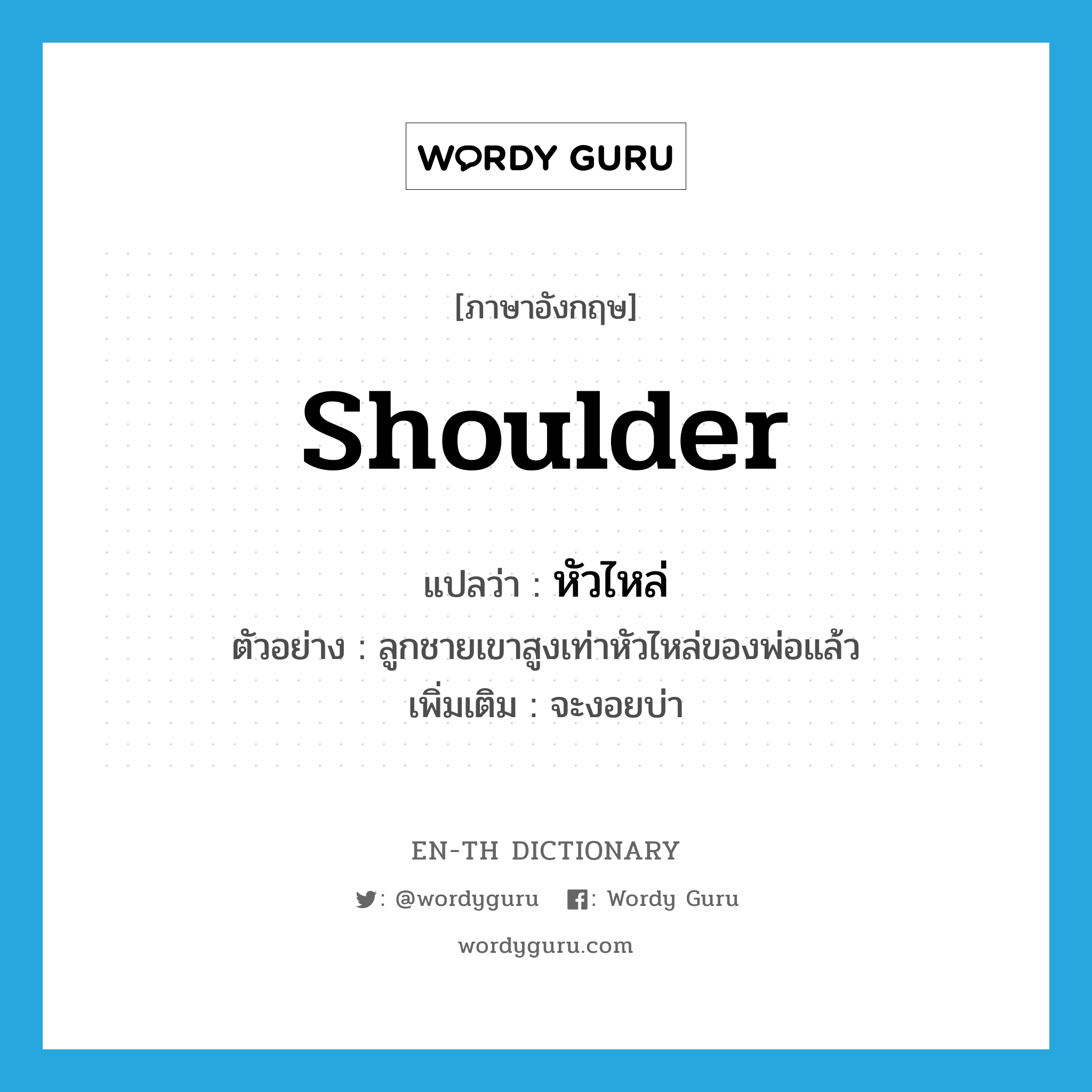 shoulder แปลว่า?, คำศัพท์ภาษาอังกฤษ shoulder แปลว่า หัวไหล่ ประเภท N ตัวอย่าง ลูกชายเขาสูงเท่าหัวไหล่ของพ่อแล้ว เพิ่มเติม จะงอยบ่า หมวด N