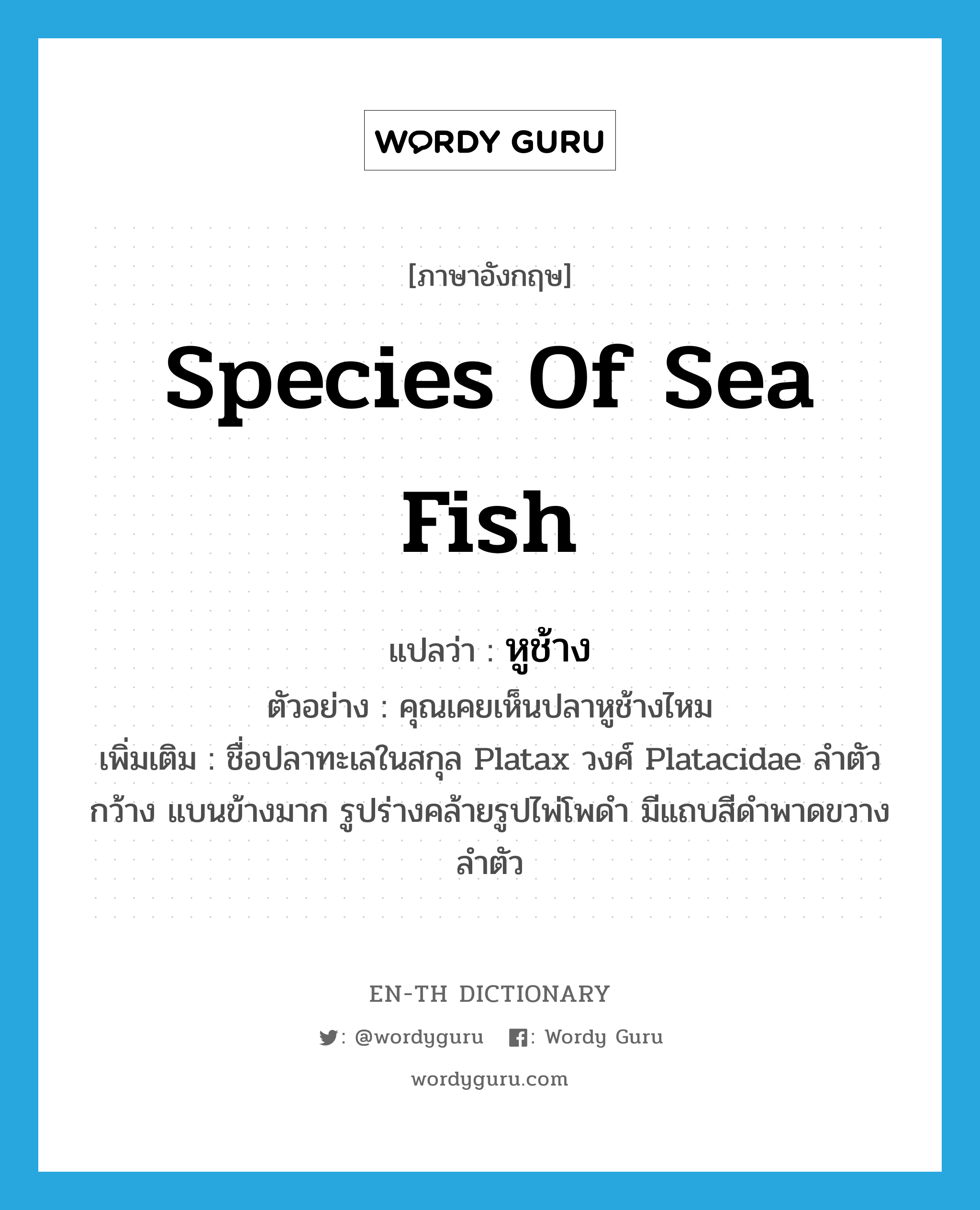species of sea fish แปลว่า?, คำศัพท์ภาษาอังกฤษ species of sea fish แปลว่า หูช้าง ประเภท N ตัวอย่าง คุณเคยเห็นปลาหูช้างไหม เพิ่มเติม ชื่อปลาทะเลในสกุล Platax วงศ์ Platacidae ลำตัวกว้าง แบนข้างมาก รูปร่างคล้ายรูปไพ่โพดำ มีแถบสีดำพาดขวางลำตัว หมวด N