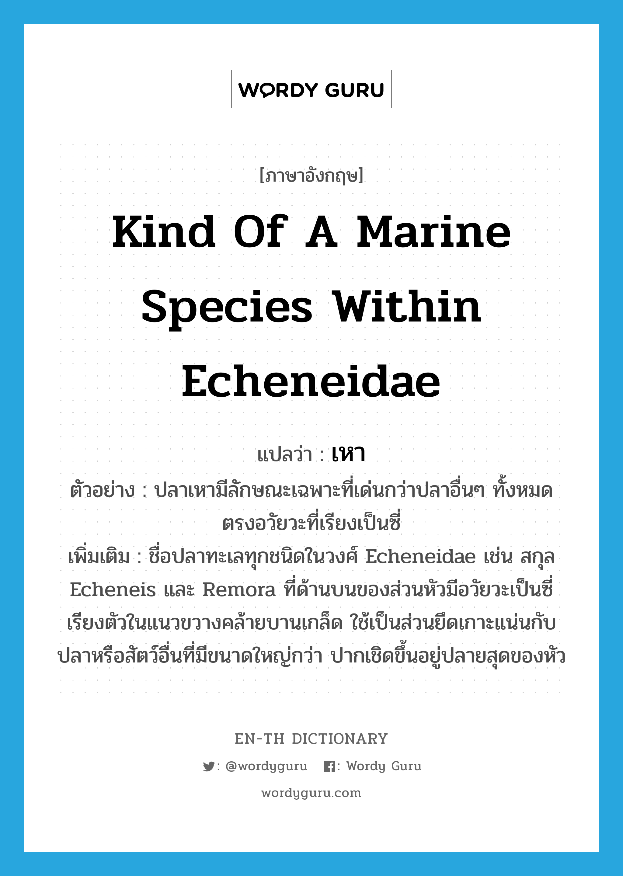 kind of a marine species within Echeneidae แปลว่า?, คำศัพท์ภาษาอังกฤษ kind of a marine species within Echeneidae แปลว่า เหา ประเภท N ตัวอย่าง ปลาเหามีลักษณะเฉพาะที่เด่นกว่าปลาอื่นๆ ทั้งหมดตรงอวัยวะที่เรียงเป็นซี่ เพิ่มเติม ชื่อปลาทะเลทุกชนิดในวงศ์ Echeneidae เช่น สกุล Echeneis และ Remora ที่ด้านบนของส่วนหัวมีอวัยวะเป็นซี่เรียงตัวในแนวขวางคล้ายบานเกล็ด ใช้เป็นส่วนยึดเกาะแน่นกับปลาหรือสัตว์อื่นที่มีขนาดใหญ่กว่า ปากเชิดขึ้นอยู่ปลายสุดของหัว หมวด N