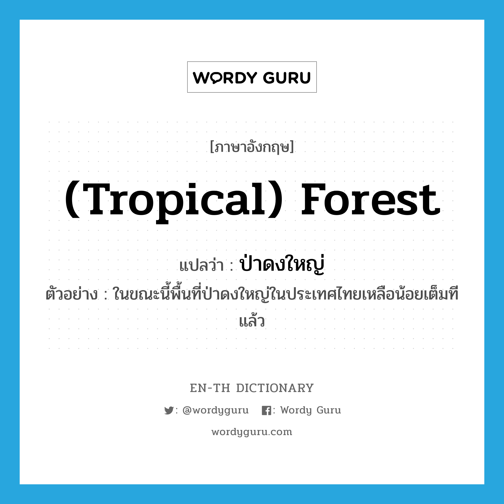 (tropical) forest แปลว่า?, คำศัพท์ภาษาอังกฤษ (tropical) forest แปลว่า ป่าดงใหญ่ ประเภท N ตัวอย่าง ในขณะนี้พื้นที่ป่าดงใหญ่ในประเทศไทยเหลือน้อยเต็มทีแล้ว หมวด N