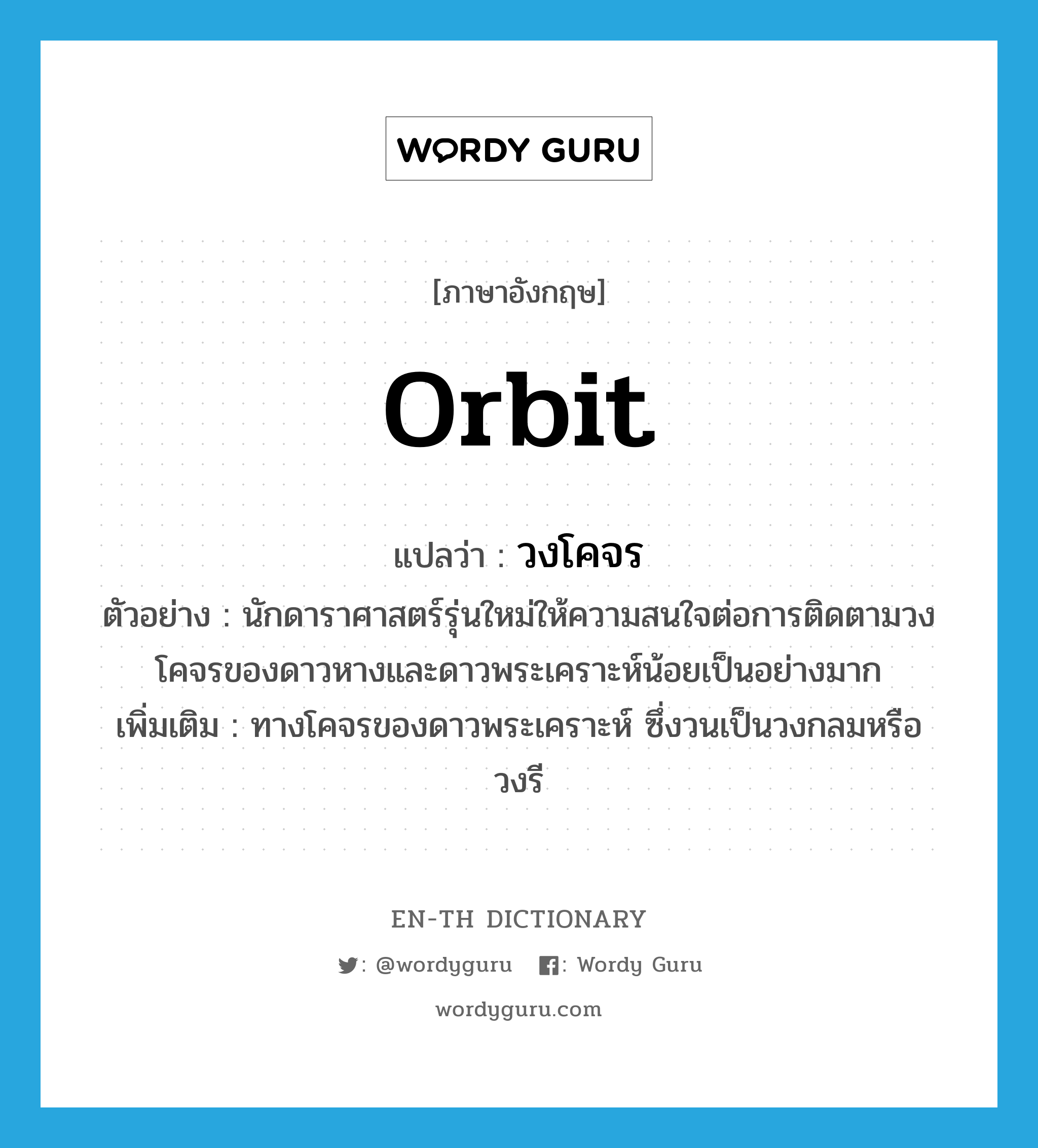 orbit แปลว่า?, คำศัพท์ภาษาอังกฤษ orbit แปลว่า วงโคจร ประเภท N ตัวอย่าง นักดาราศาสตร์รุ่นใหม่ให้ความสนใจต่อการติดตามวงโคจรของดาวหางและดาวพระเคราะห์น้อยเป็นอย่างมาก เพิ่มเติม ทางโคจรของดาวพระเคราะห์ ซึ่งวนเป็นวงกลมหรือวงรี หมวด N
