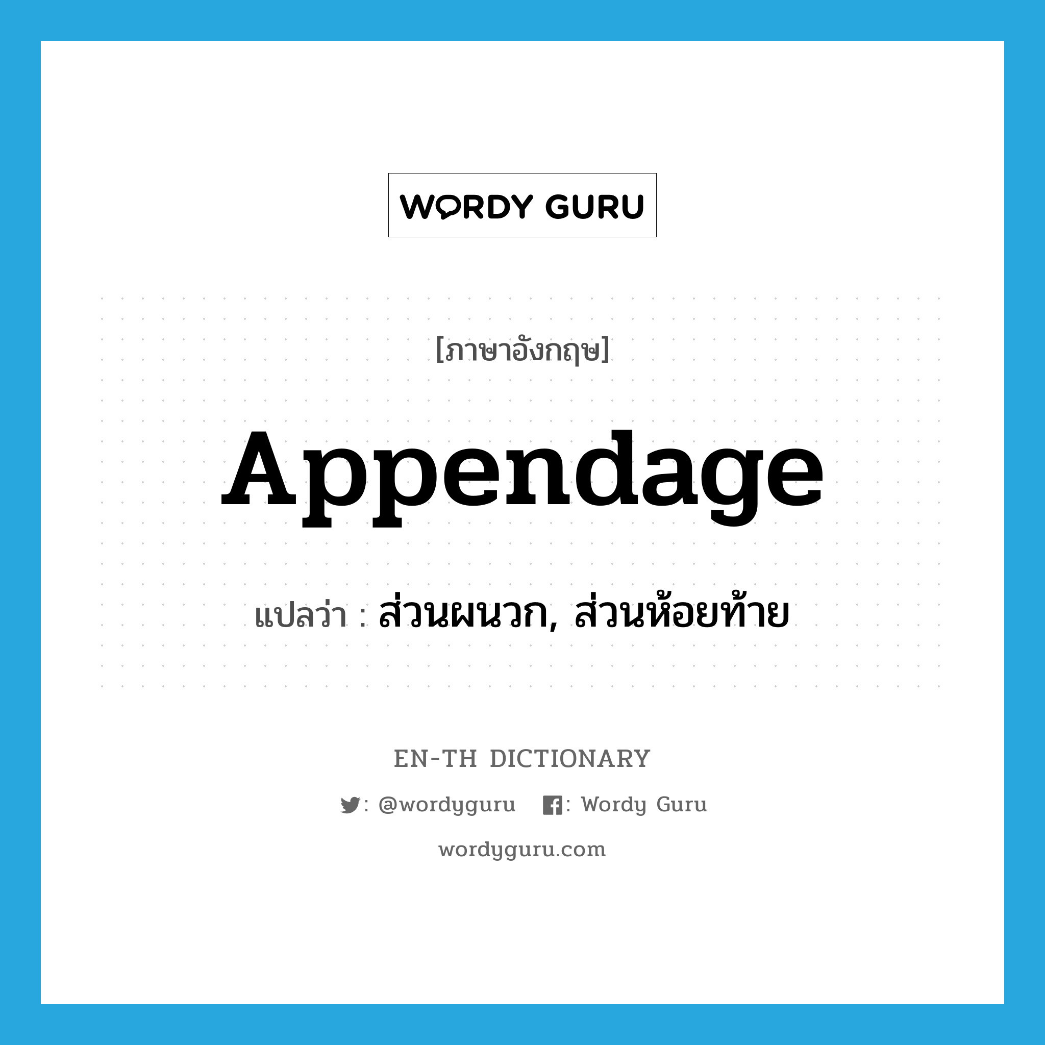 appendage แปลว่า?, คำศัพท์ภาษาอังกฤษ appendage แปลว่า ส่วนผนวก, ส่วนห้อยท้าย ประเภท N หมวด N