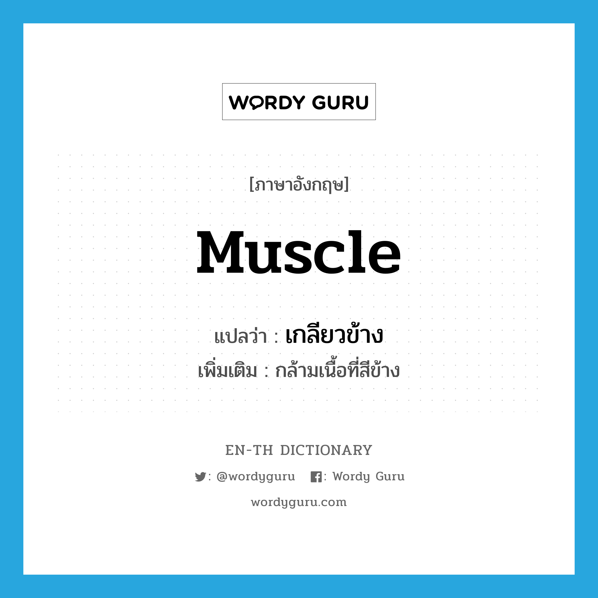 muscle แปลว่า?, คำศัพท์ภาษาอังกฤษ muscle แปลว่า เกลียวข้าง ประเภท N เพิ่มเติม กล้ามเนื้อที่สีข้าง หมวด N