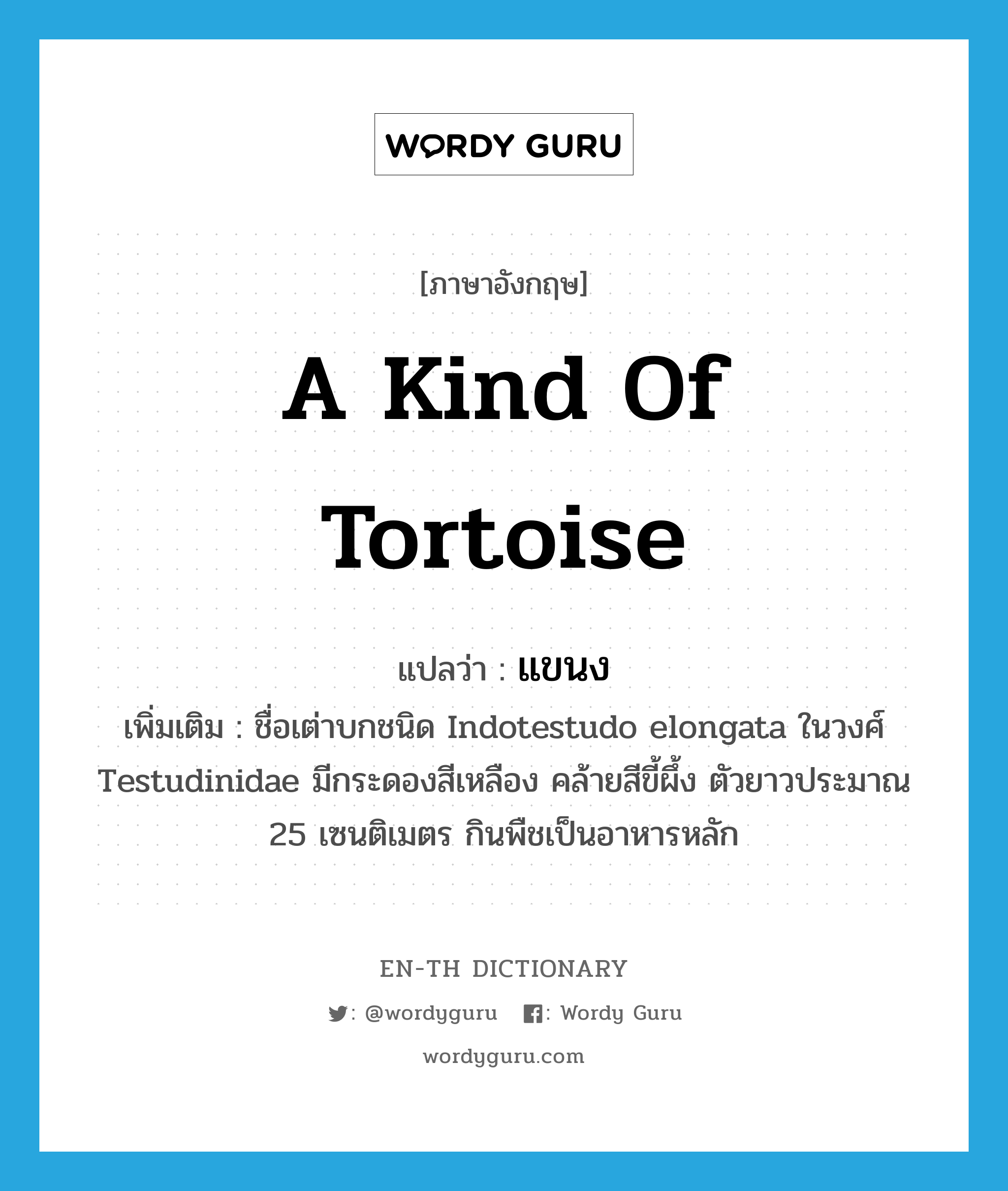 a kind of tortoise แปลว่า?, คำศัพท์ภาษาอังกฤษ a kind of tortoise แปลว่า แขนง ประเภท N เพิ่มเติม ชื่อเต่าบกชนิด Indotestudo elongata ในวงศ์ Testudinidae มีกระดองสีเหลือง คล้ายสีขี้ผึ้ง ตัวยาวประมาณ 25 เซนติเมตร กินพืชเป็นอาหารหลัก หมวด N