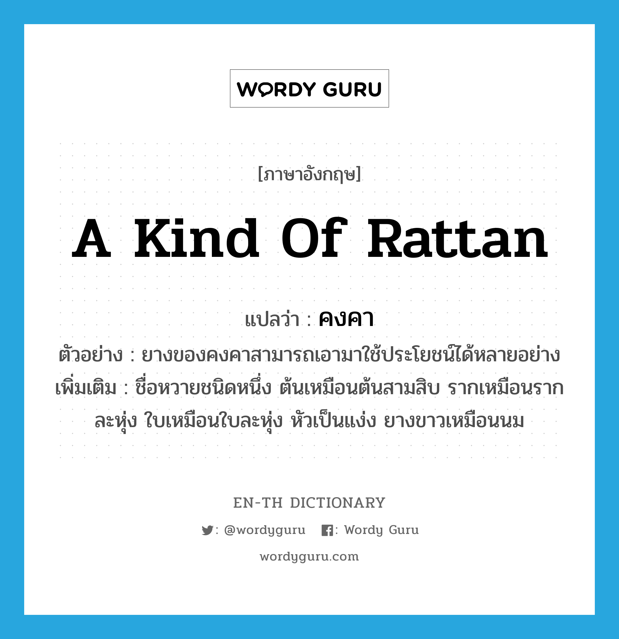 a kind of rattan แปลว่า?, คำศัพท์ภาษาอังกฤษ a kind of rattan แปลว่า คงคา ประเภท N ตัวอย่าง ยางของคงคาสามารถเอามาใช้ประโยชน์ได้หลายอย่าง เพิ่มเติม ชื่อหวายชนิดหนึ่ง ต้นเหมือนต้นสามสิบ รากเหมือนรากละหุ่ง ใบเหมือนใบละหุ่ง หัวเป็นแง่ง ยางขาวเหมือนนม หมวด N