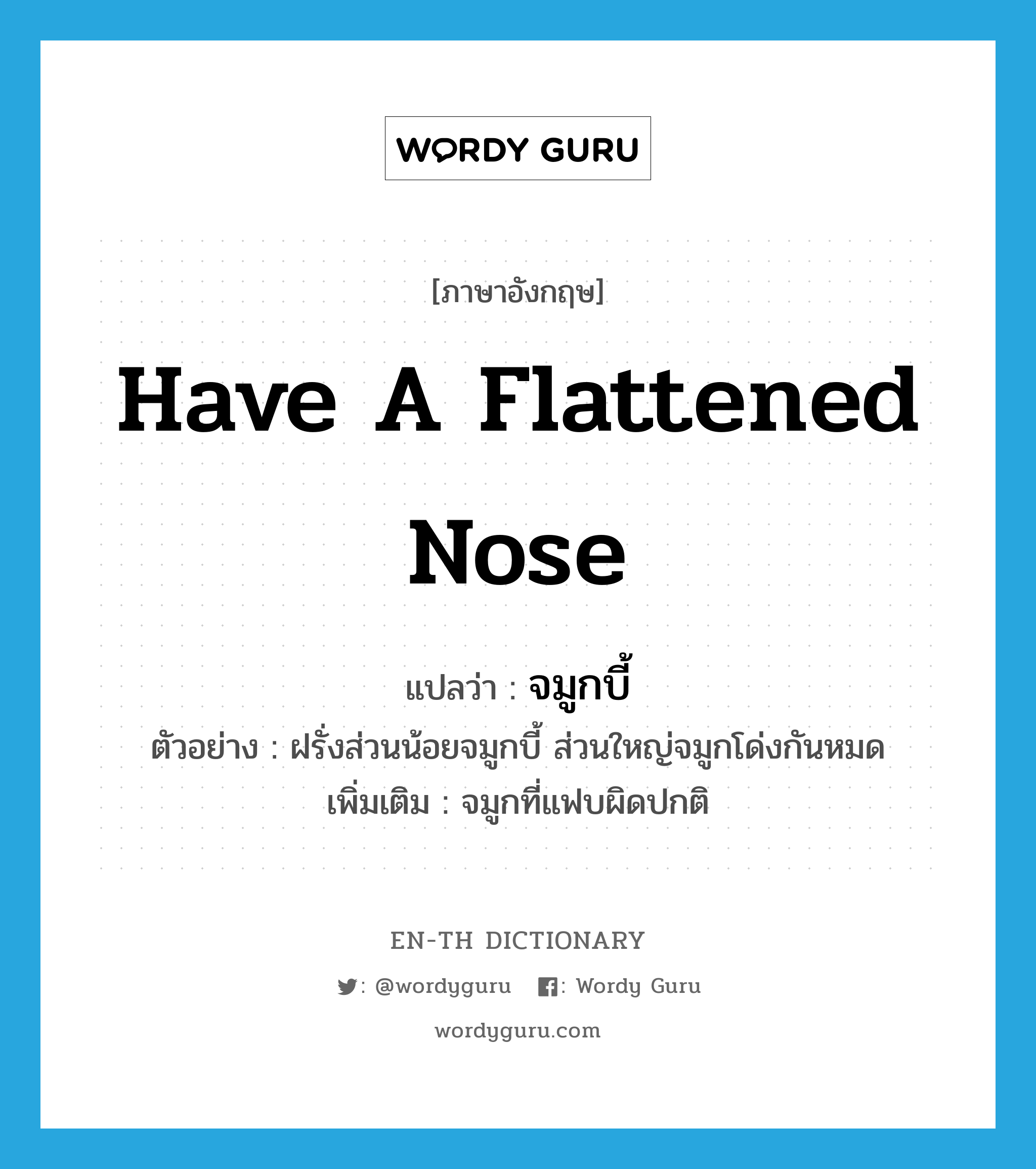 have a flattened nose แปลว่า?, คำศัพท์ภาษาอังกฤษ have a flattened nose แปลว่า จมูกบี้ ประเภท V ตัวอย่าง ฝรั่งส่วนน้อยจมูกบี้ ส่วนใหญ่จมูกโด่งกันหมด เพิ่มเติม จมูกที่แฟบผิดปกติ หมวด V