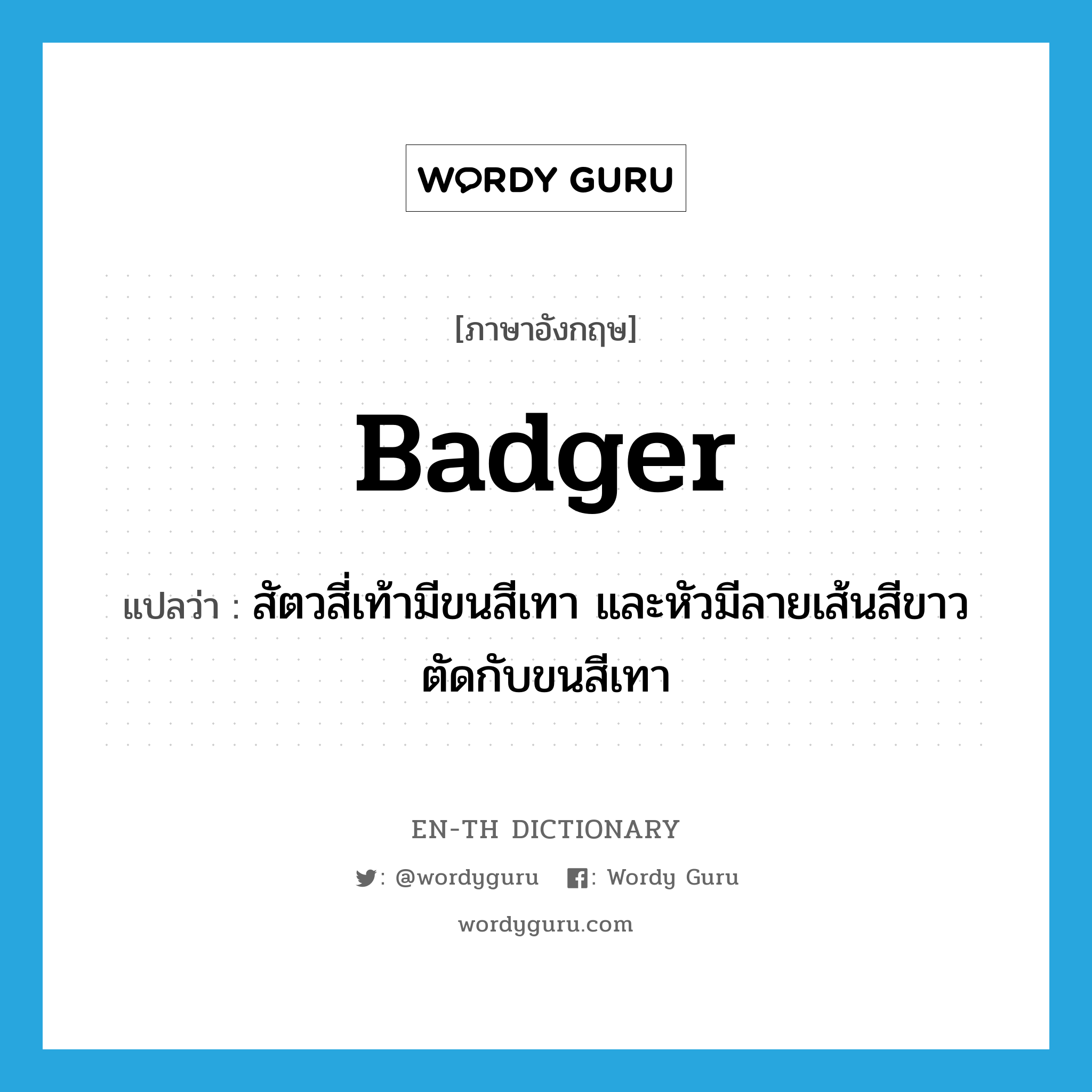 badger แปลว่า?, คำศัพท์ภาษาอังกฤษ badger แปลว่า สัตวสี่เท้ามีขนสีเทา และหัวมีลายเส้นสีขาวตัดกับขนสีเทา ประเภท N หมวด N