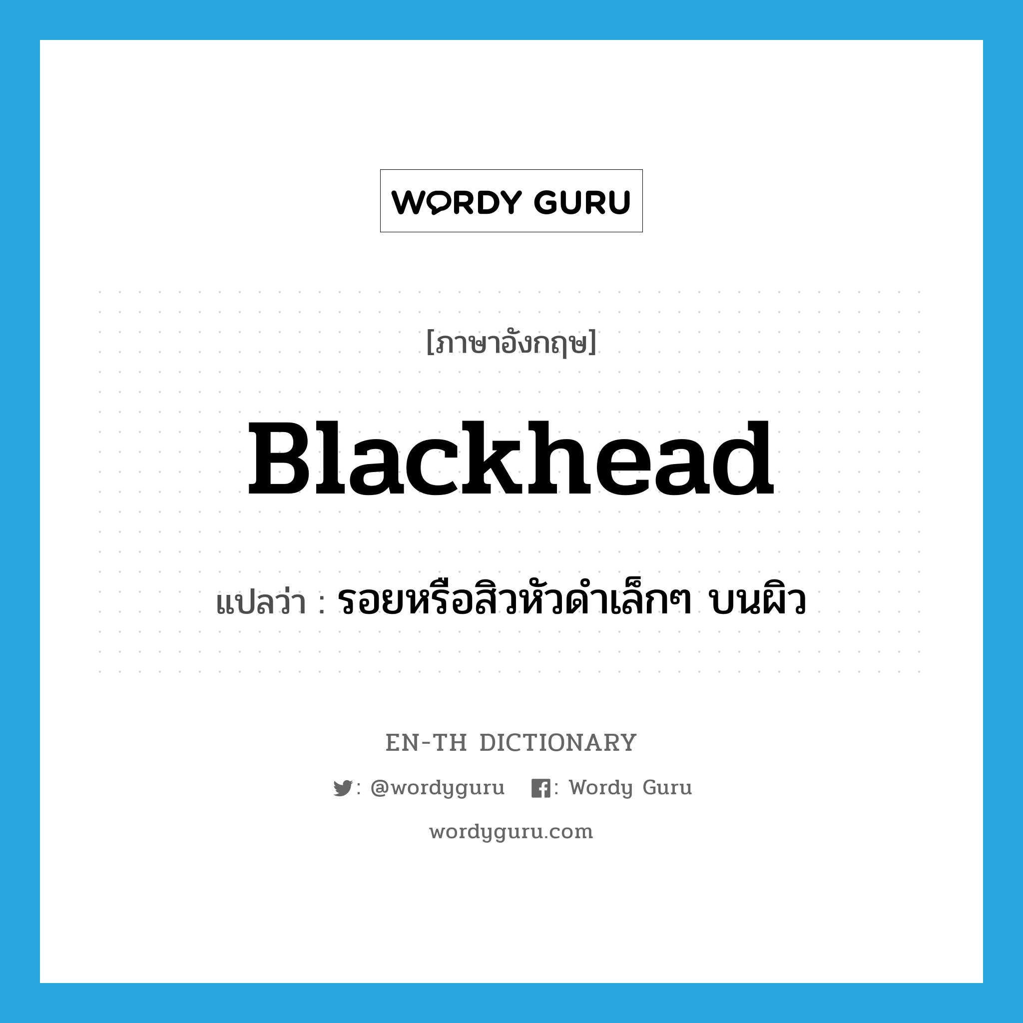 blackhead แปลว่า?, คำศัพท์ภาษาอังกฤษ blackhead แปลว่า รอยหรือสิวหัวดำเล็กๆ บนผิว ประเภท N หมวด N