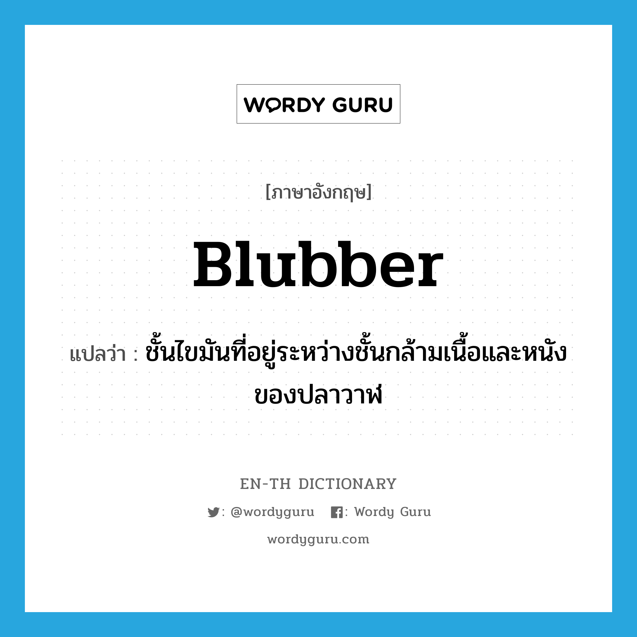blubber แปลว่า?, คำศัพท์ภาษาอังกฤษ blubber แปลว่า ชั้นไขมันที่อยู่ระหว่างชั้นกล้ามเนื้อและหนังของปลาวาฬ ประเภท N หมวด N