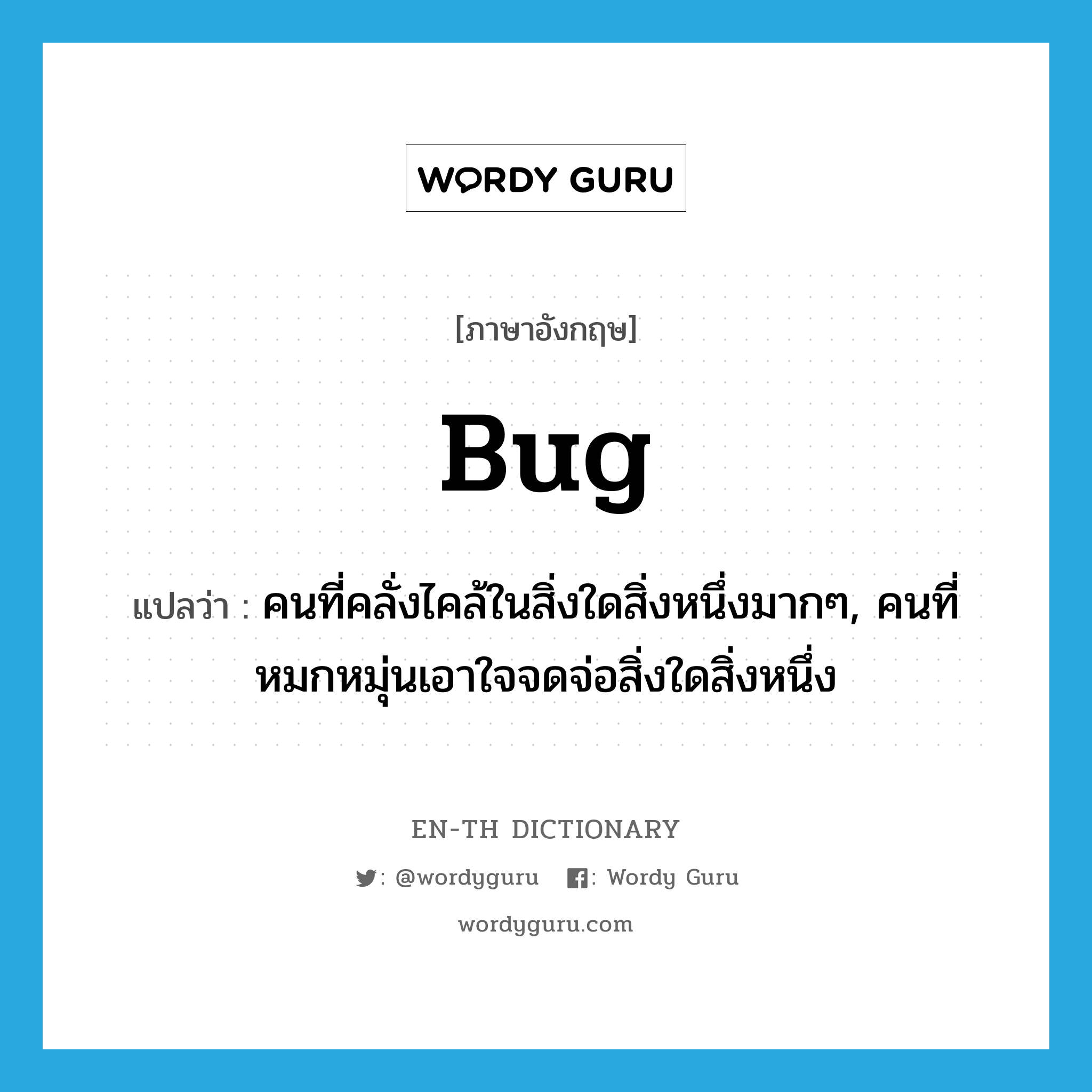 bug แปลว่า?, คำศัพท์ภาษาอังกฤษ bug แปลว่า คนที่คลั่งไคล้ในสิ่งใดสิ่งหนึ่งมากๆ, คนที่หมกหมุ่นเอาใจจดจ่อสิ่งใดสิ่งหนึ่ง ประเภท N หมวด N