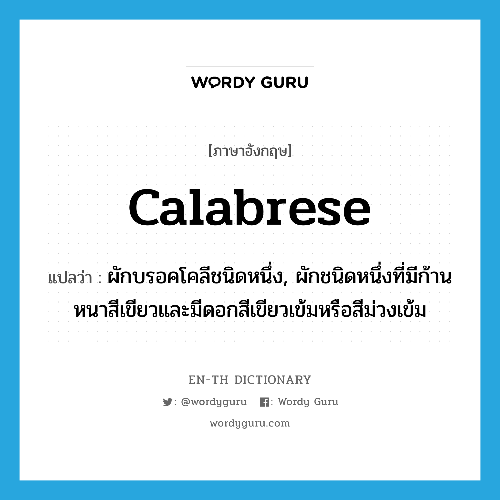 Calabrese แปลว่า?, คำศัพท์ภาษาอังกฤษ Calabrese แปลว่า ผักบรอคโคลีชนิดหนึ่ง, ผักชนิดหนึ่งที่มีก้านหนาสีเขียวและมีดอกสีเขียวเข้มหรือสีม่วงเข้ม ประเภท N หมวด N