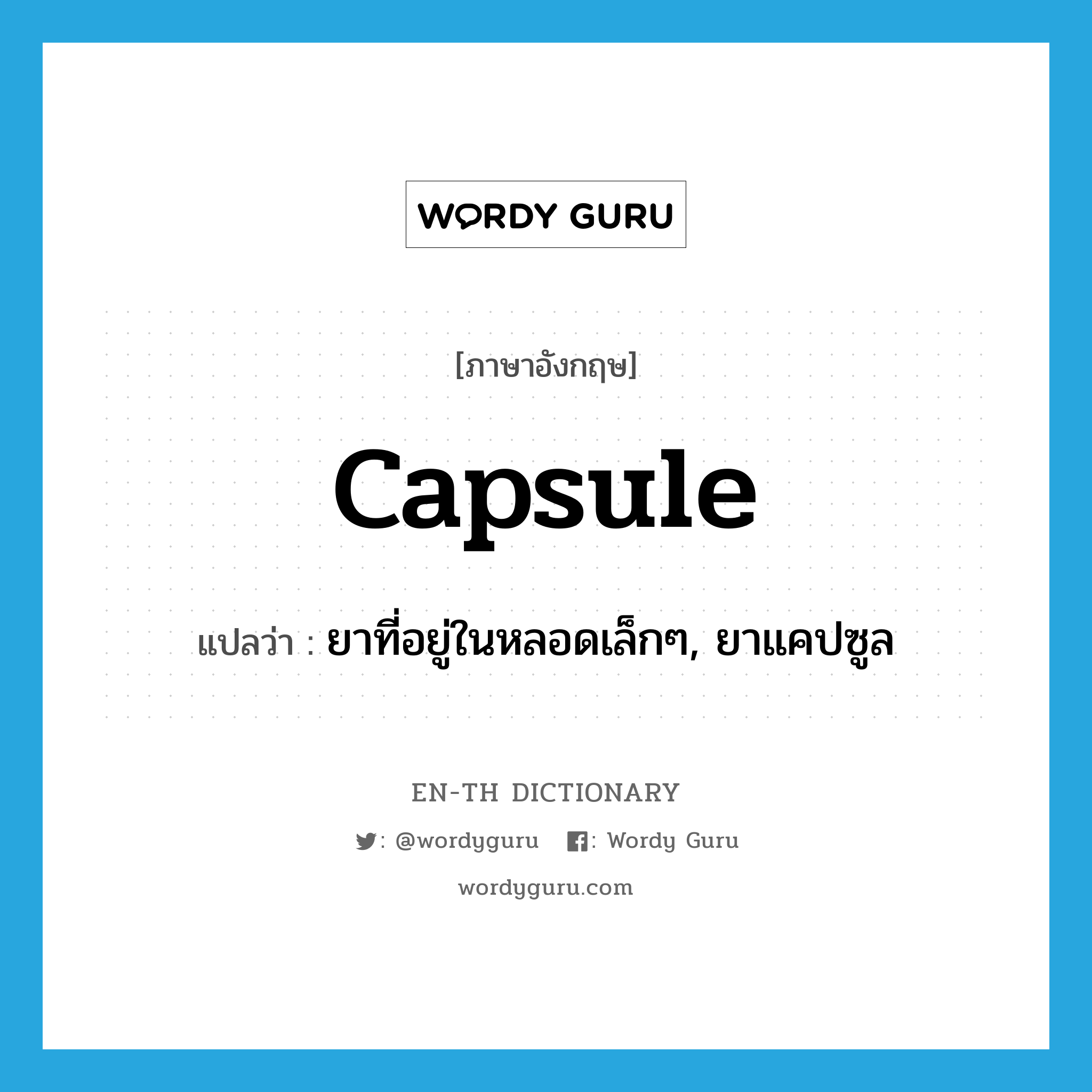 capsule แปลว่า?, คำศัพท์ภาษาอังกฤษ capsule แปลว่า ยาที่อยู่ในหลอดเล็กๆ, ยาแคปซูล ประเภท N หมวด N