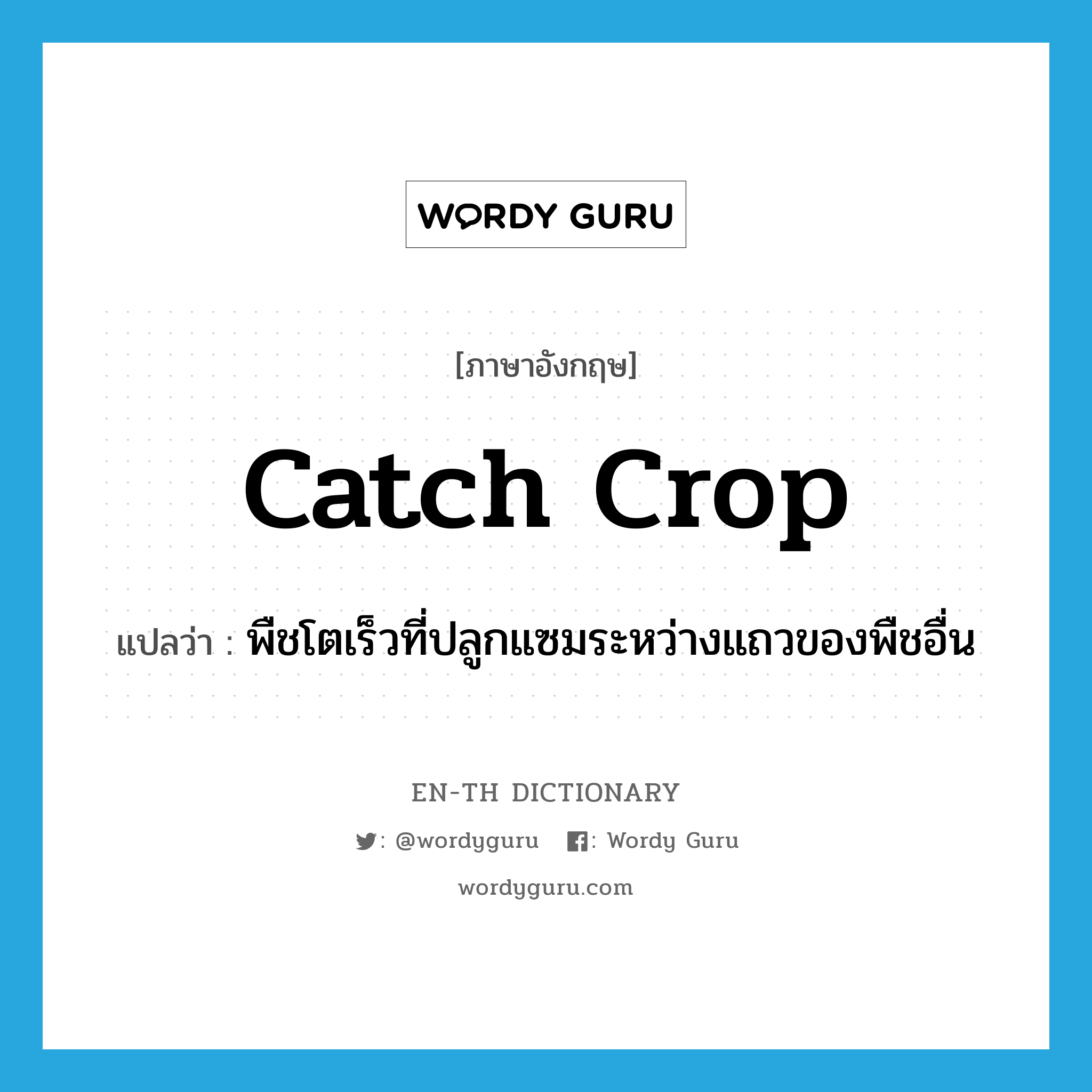 catch crop แปลว่า?, คำศัพท์ภาษาอังกฤษ catch crop แปลว่า พืชโตเร็วที่ปลูกแซมระหว่างแถวของพืชอื่น ประเภท N หมวด N