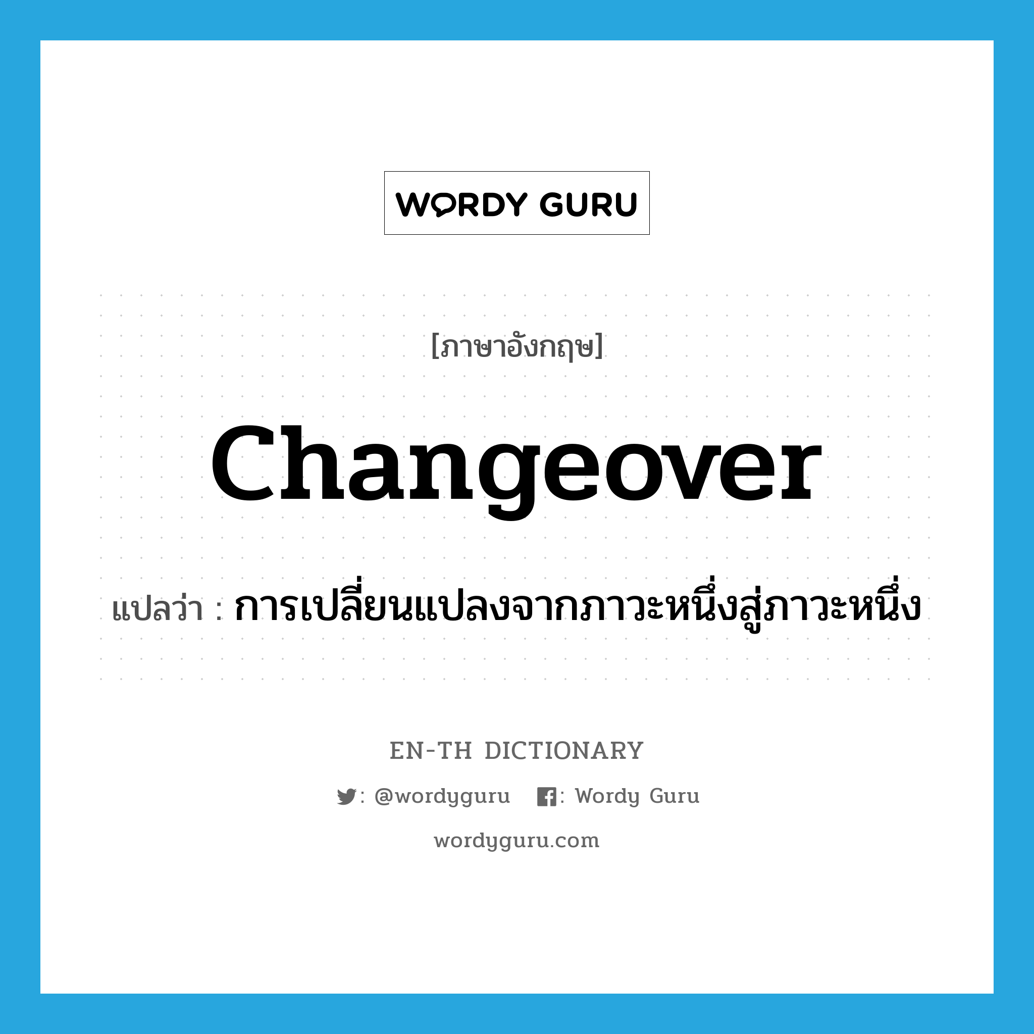 changeover แปลว่า?, คำศัพท์ภาษาอังกฤษ changeover แปลว่า การเปลี่ยนแปลงจากภาวะหนึ่งสู่ภาวะหนึ่ง ประเภท N หมวด N