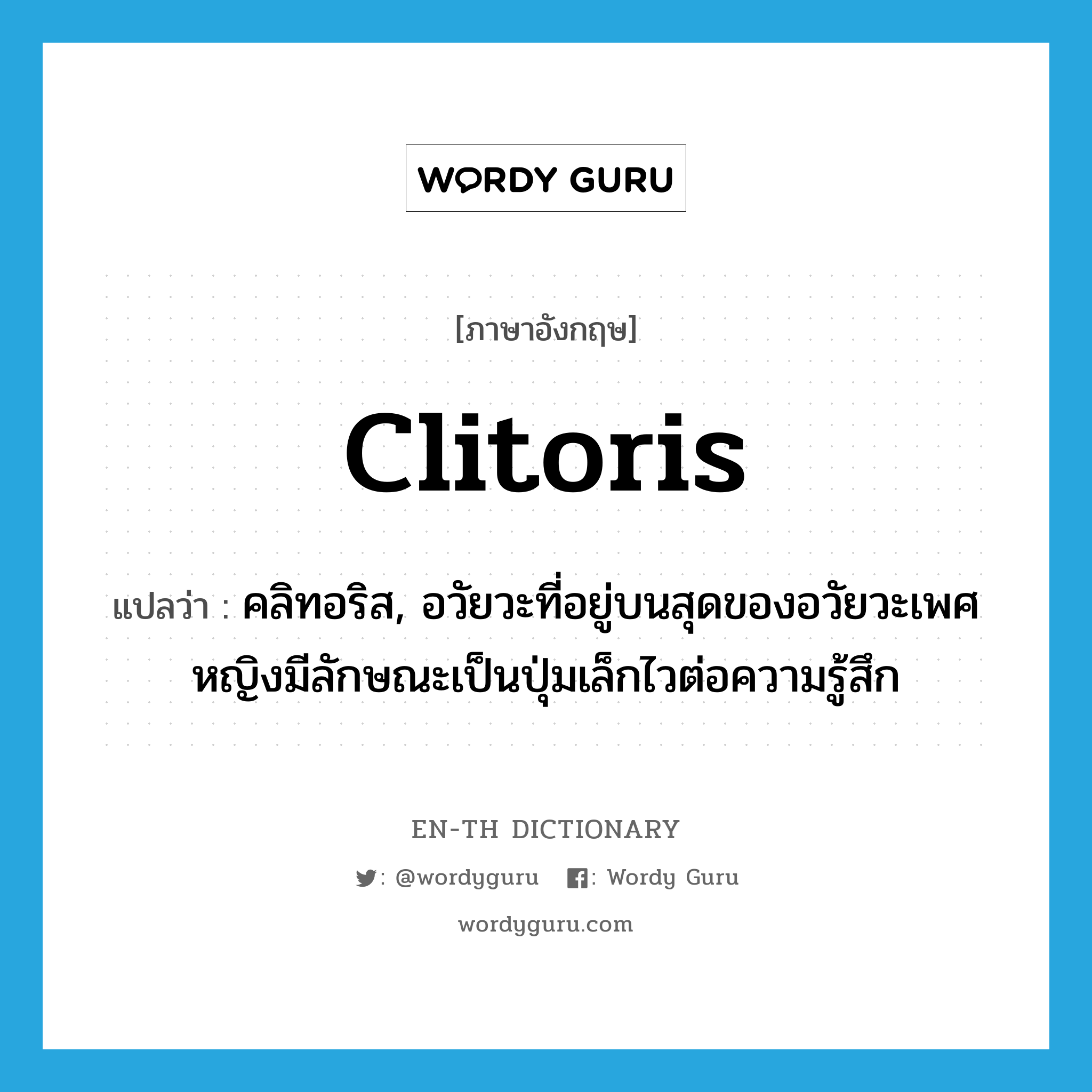 clitoris แปลว่า?, คำศัพท์ภาษาอังกฤษ clitoris แปลว่า คลิทอริส, อวัยวะที่อยู่บนสุดของอวัยวะเพศหญิงมีลักษณะเป็นปุ่มเล็กไวต่อความรู้สึก ประเภท N หมวด N