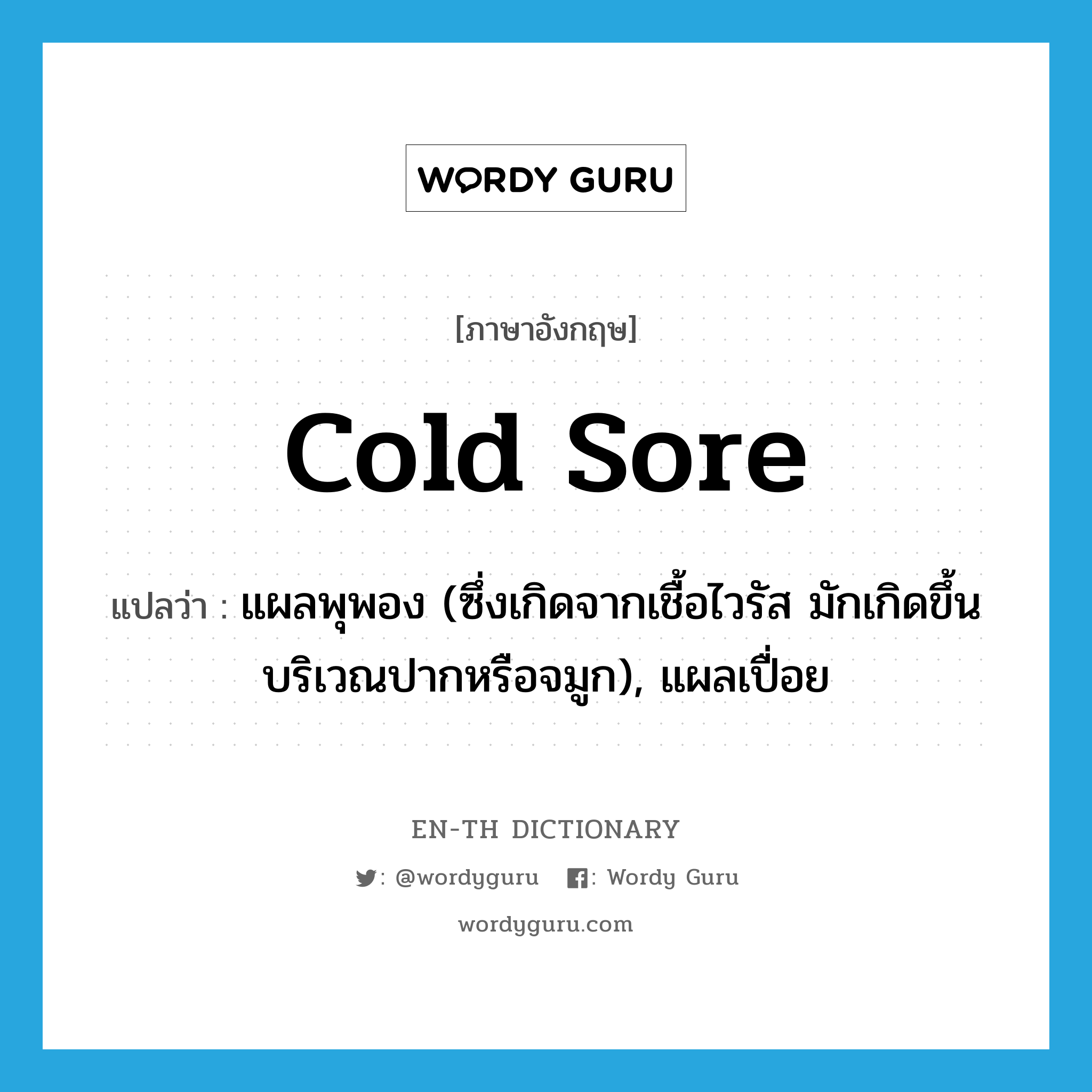 cold sore แปลว่า?, คำศัพท์ภาษาอังกฤษ cold sore แปลว่า แผลพุพอง (ซึ่งเกิดจากเชื้อไวรัส มักเกิดขึ้นบริเวณปากหรือจมูก), แผลเปื่อย ประเภท N หมวด N