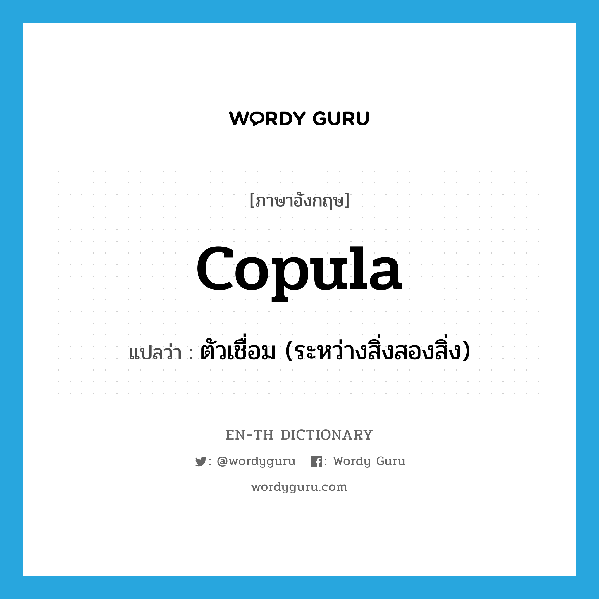 copula แปลว่า?, คำศัพท์ภาษาอังกฤษ copula แปลว่า ตัวเชื่อม (ระหว่างสิ่งสองสิ่ง) ประเภท N หมวด N