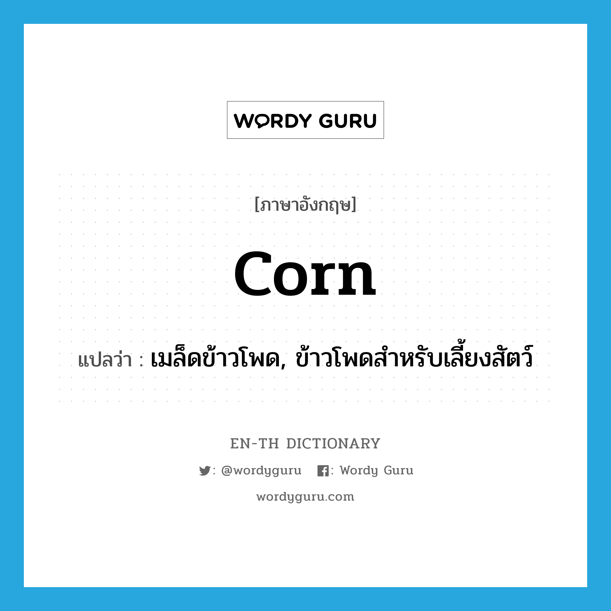 corn แปลว่า?, คำศัพท์ภาษาอังกฤษ corn แปลว่า เมล็ดข้าวโพด, ข้าวโพดสำหรับเลี้ยงสัตว์ ประเภท N หมวด N