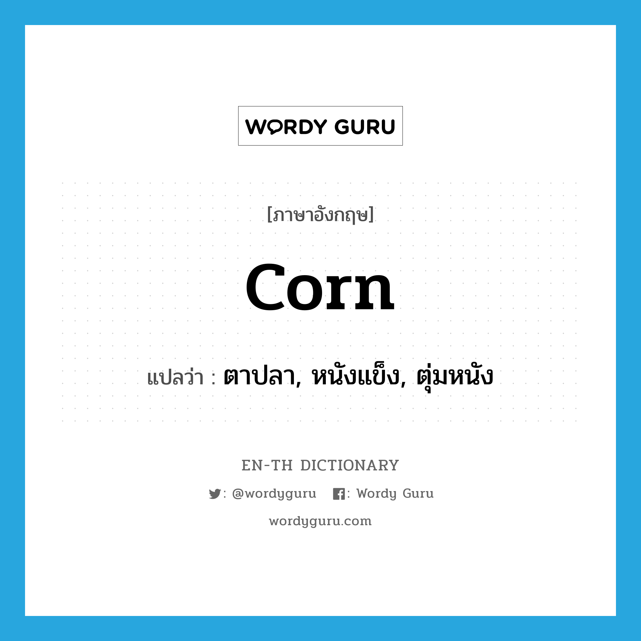 corn แปลว่า?, คำศัพท์ภาษาอังกฤษ corn แปลว่า ตาปลา, หนังแข็ง, ตุ่มหนัง ประเภท N หมวด N