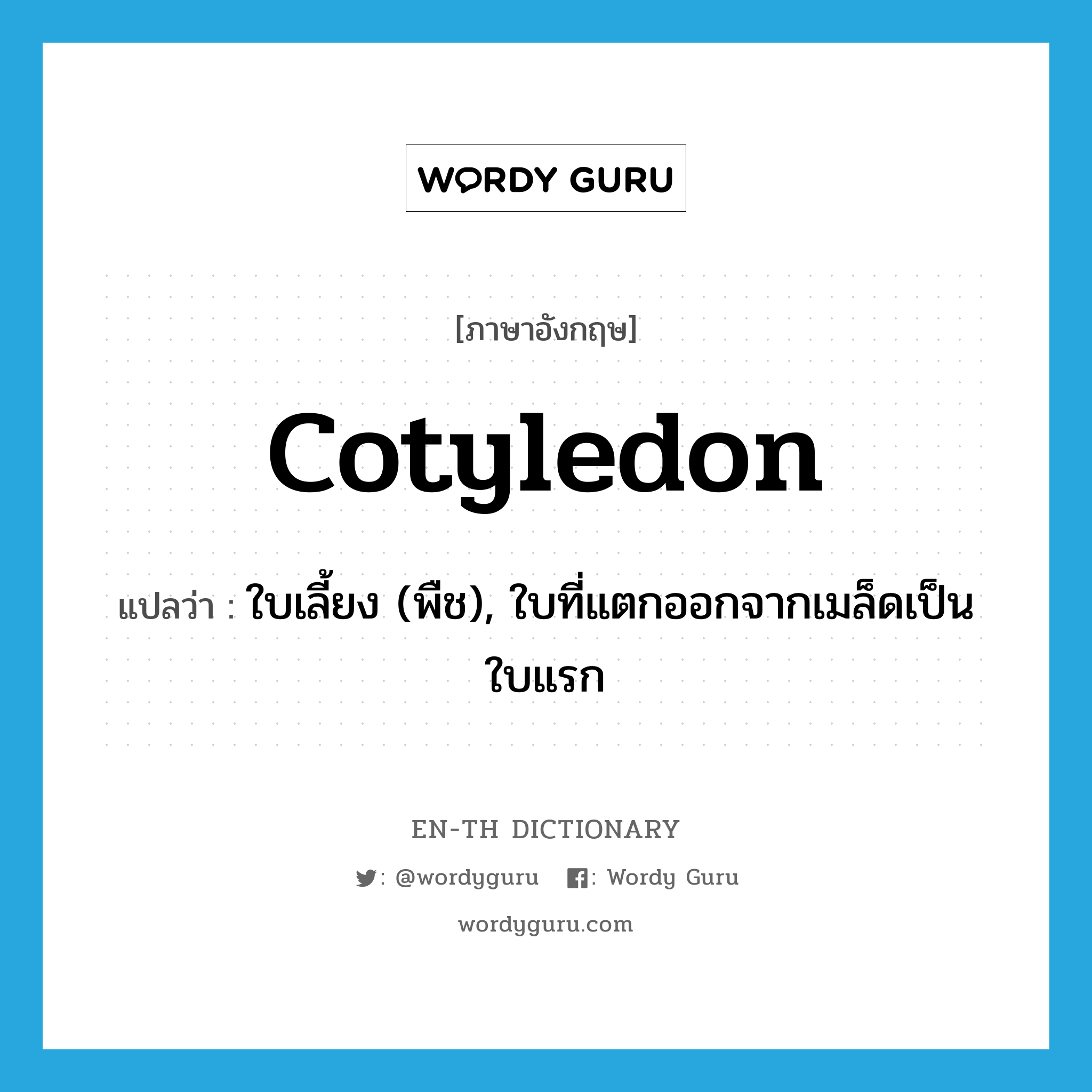cotyledon แปลว่า?, คำศัพท์ภาษาอังกฤษ cotyledon แปลว่า ใบเลี้ยง (พืช), ใบที่แตกออกจากเมล็ดเป็นใบแรก ประเภท N หมวด N