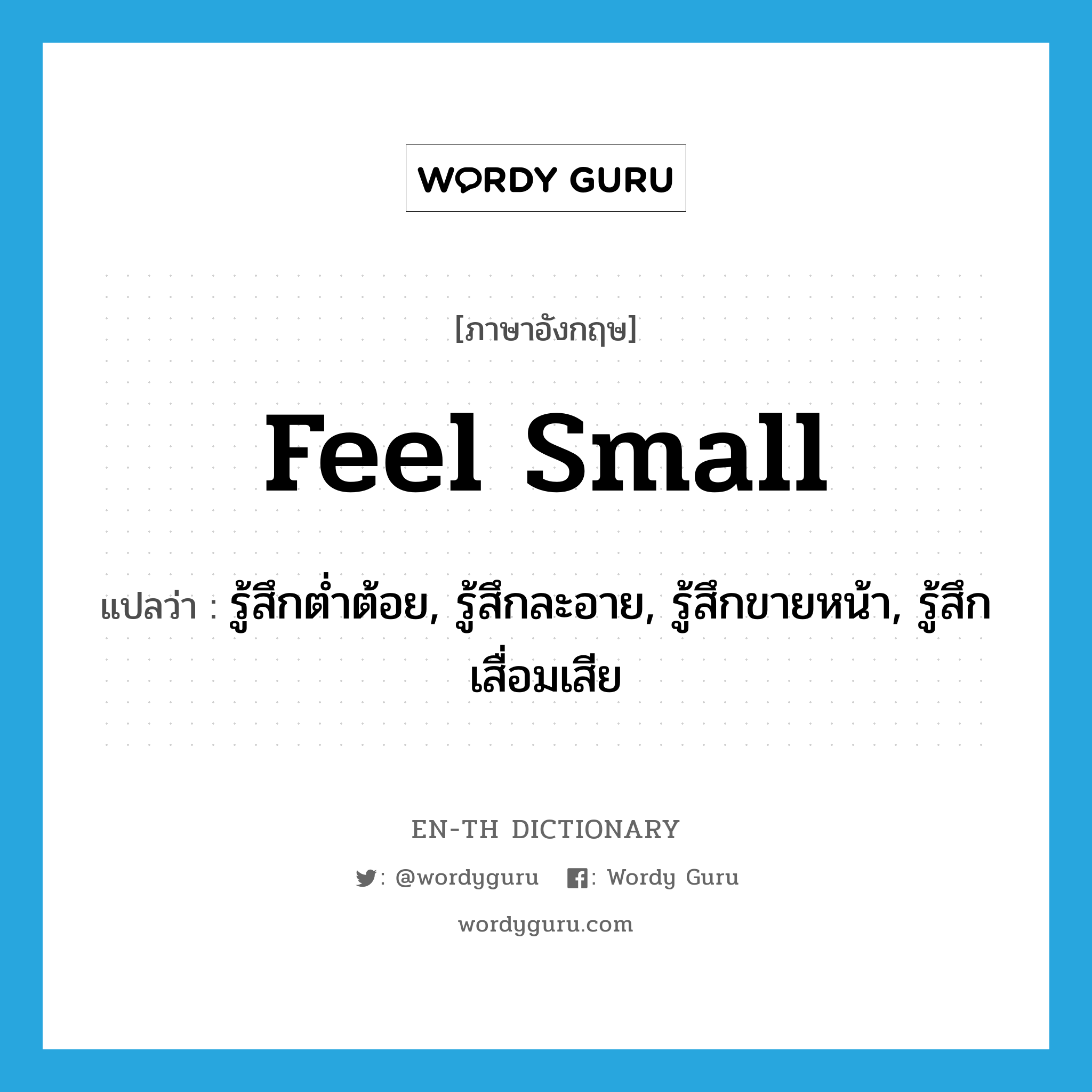 feel small แปลว่า?, คำศัพท์ภาษาอังกฤษ feel small แปลว่า รู้สึกต่ำต้อย, รู้สึกละอาย, รู้สึกขายหน้า, รู้สึกเสื่อมเสีย ประเภท PHRV หมวด PHRV