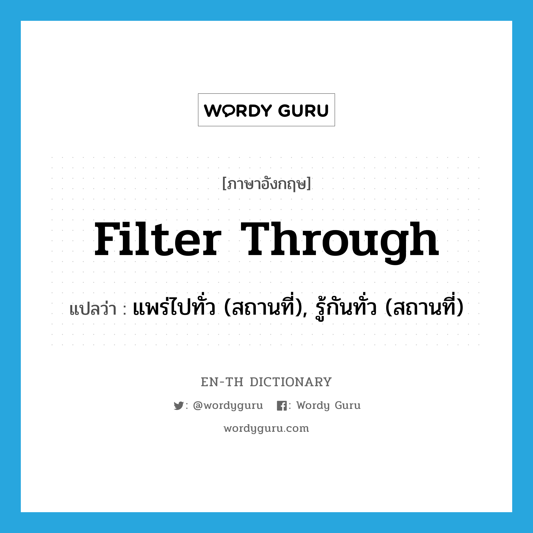 filter through แปลว่า?, คำศัพท์ภาษาอังกฤษ filter through แปลว่า แพร่ไปทั่ว (สถานที่), รู้กันทั่ว (สถานที่) ประเภท PHRV หมวด PHRV