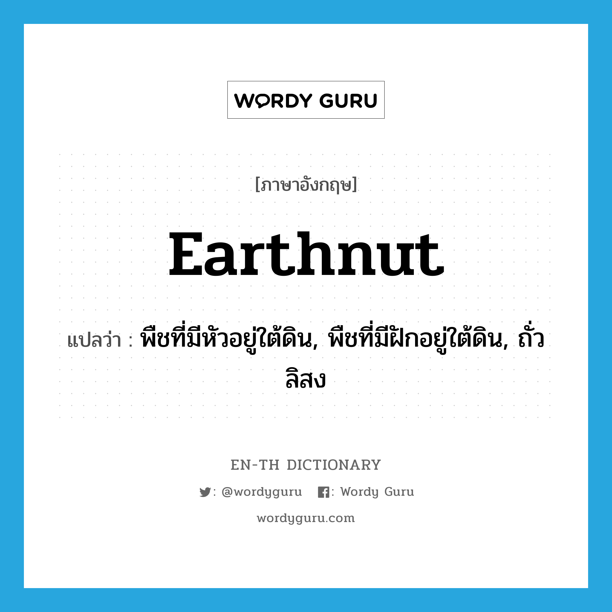 earthnut แปลว่า?, คำศัพท์ภาษาอังกฤษ earthnut แปลว่า พืชที่มีหัวอยู่ใต้ดิน, พืชที่มีฝักอยู่ใต้ดิน, ถั่วลิสง ประเภท N หมวด N