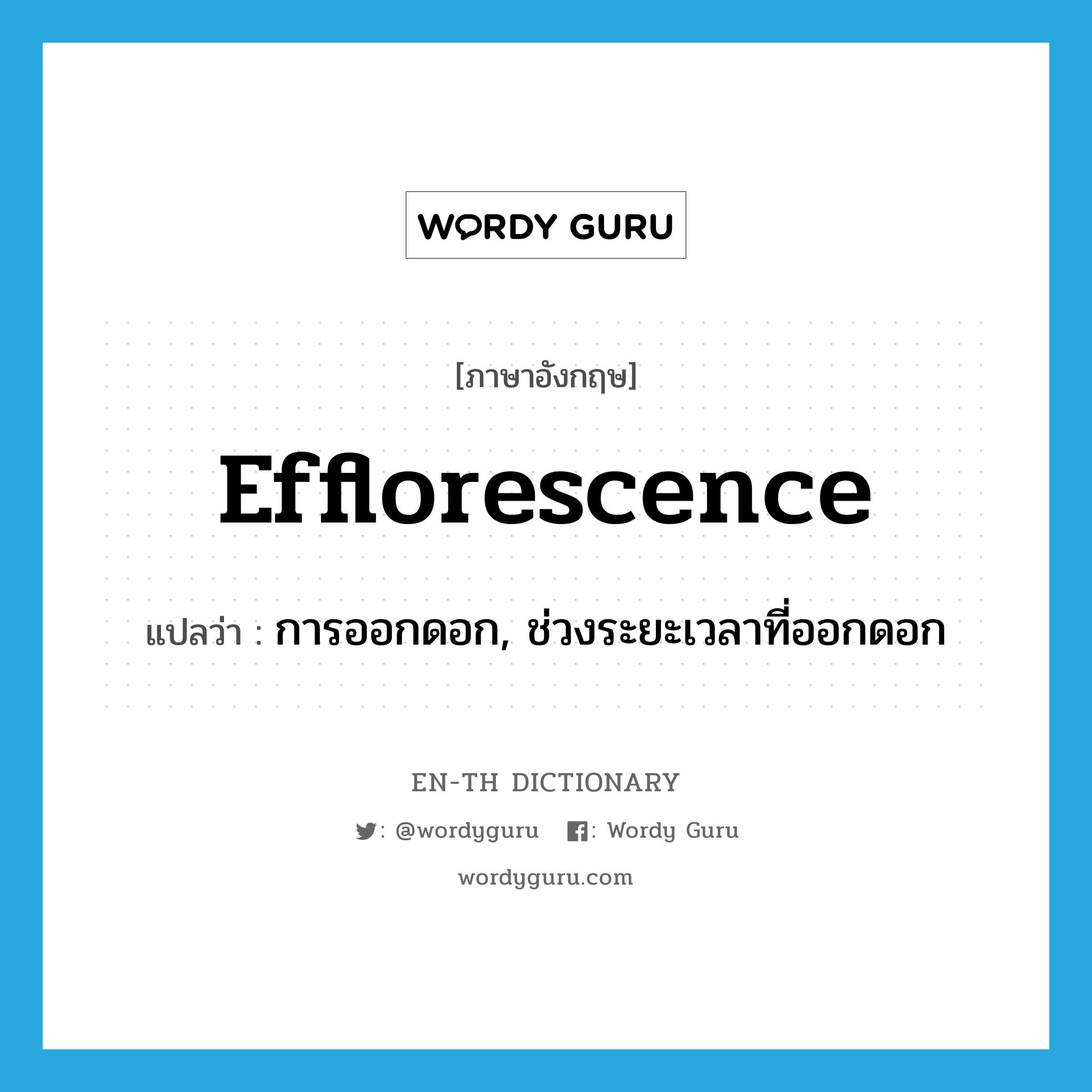 efflorescence แปลว่า?, คำศัพท์ภาษาอังกฤษ efflorescence แปลว่า การออกดอก, ช่วงระยะเวลาที่ออกดอก ประเภท N หมวด N