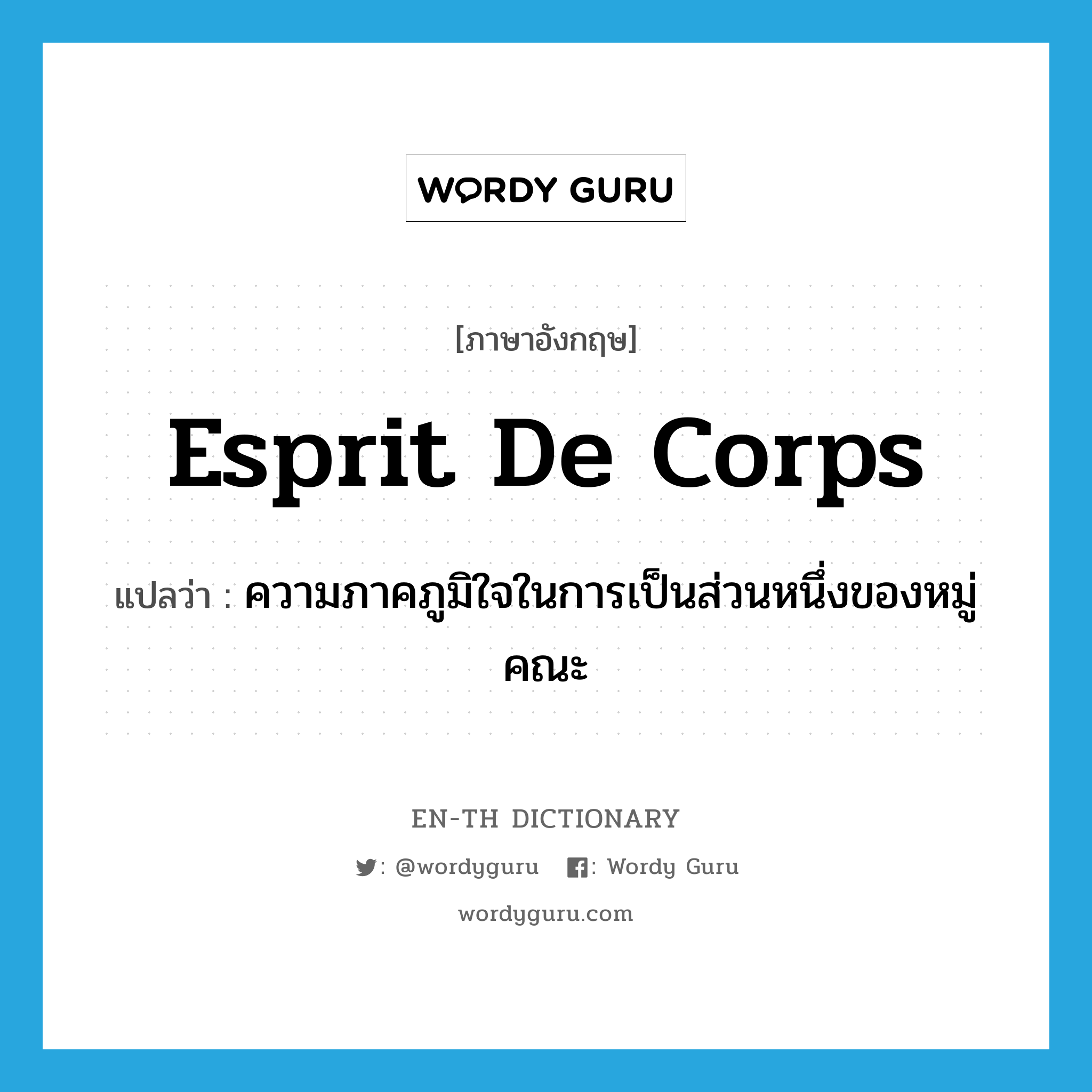 esprit de corps แปลว่า?, คำศัพท์ภาษาอังกฤษ esprit de corps แปลว่า ความภาคภูมิใจในการเป็นส่วนหนึ่งของหมู่คณะ ประเภท N หมวด N