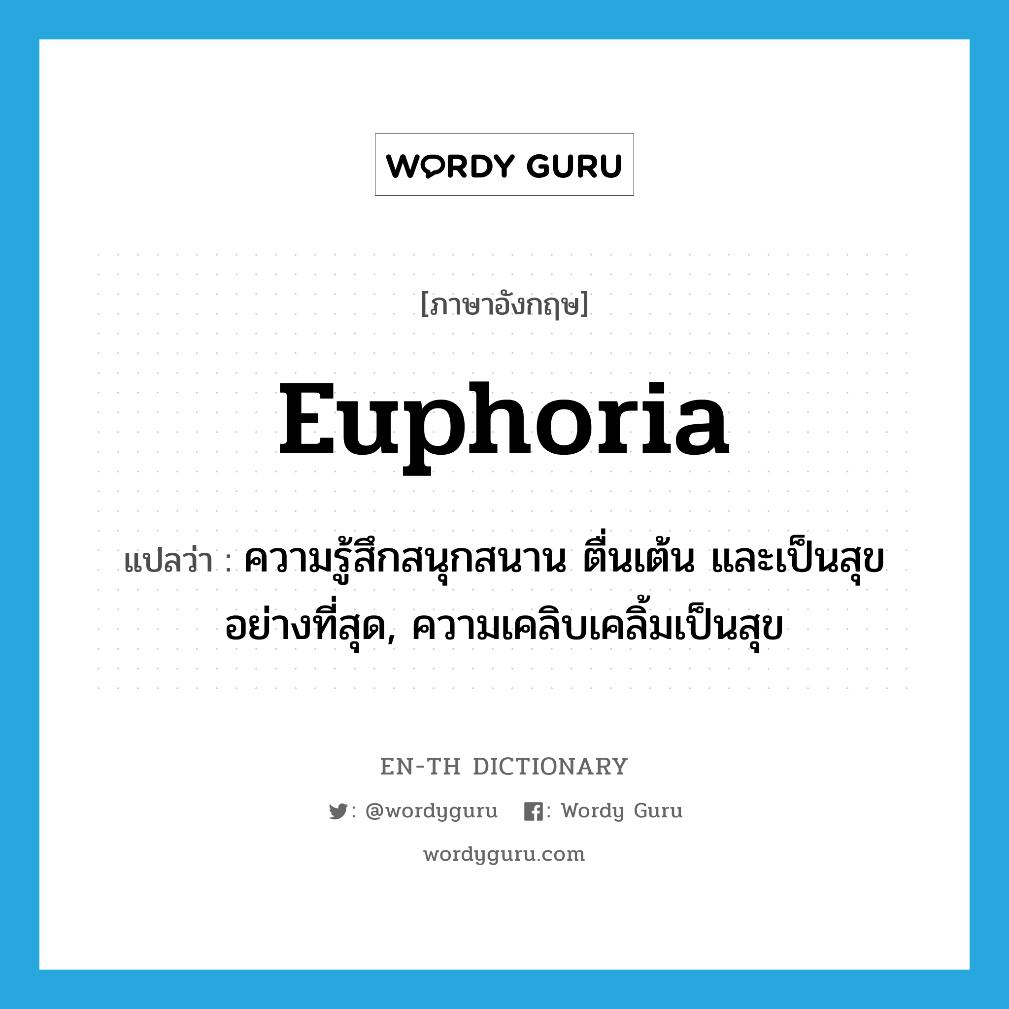 euphoria แปลว่า?, คำศัพท์ภาษาอังกฤษ euphoria แปลว่า ความรู้สึกสนุกสนาน ตื่นเต้น และเป็นสุขอย่างที่สุด, ความเคลิบเคลิ้มเป็นสุข ประเภท N หมวด N