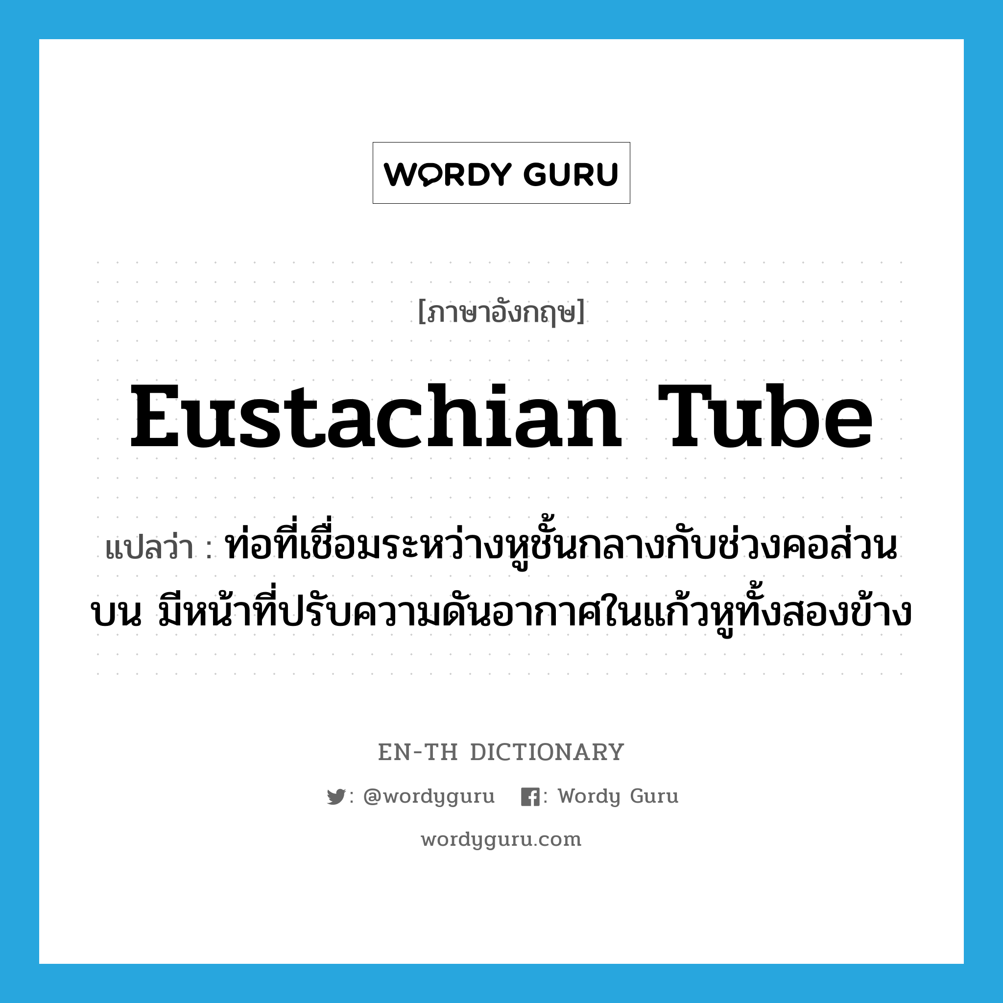 eustachian tube แปลว่า?, คำศัพท์ภาษาอังกฤษ eustachian tube แปลว่า ท่อที่เชื่อมระหว่างหูชั้นกลางกับช่วงคอส่วนบน มีหน้าที่ปรับความดันอากาศในแก้วหูทั้งสองข้าง ประเภท N หมวด N
