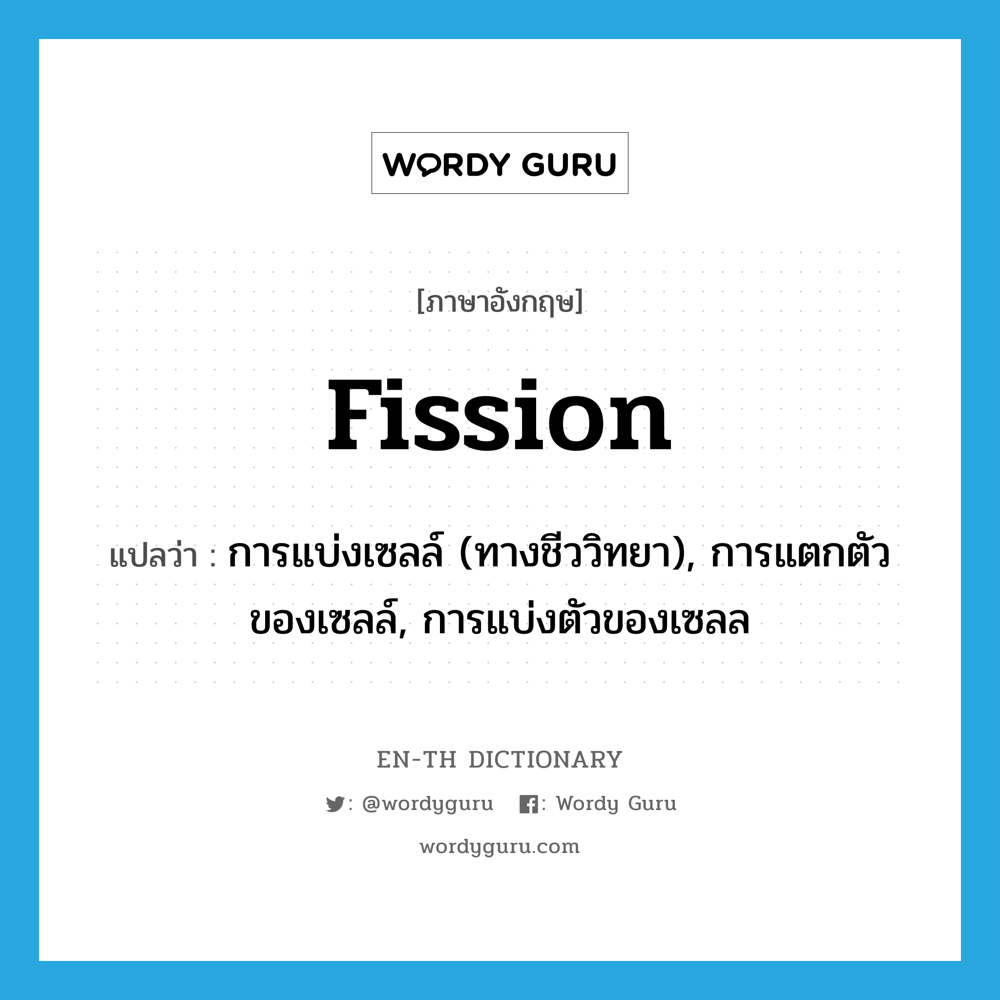 fission แปลว่า?, คำศัพท์ภาษาอังกฤษ fission แปลว่า การแบ่งเซลล์ (ทางชีววิทยา), การแตกตัวของเซลล์, การแบ่งตัวของเซลล ประเภท N หมวด N