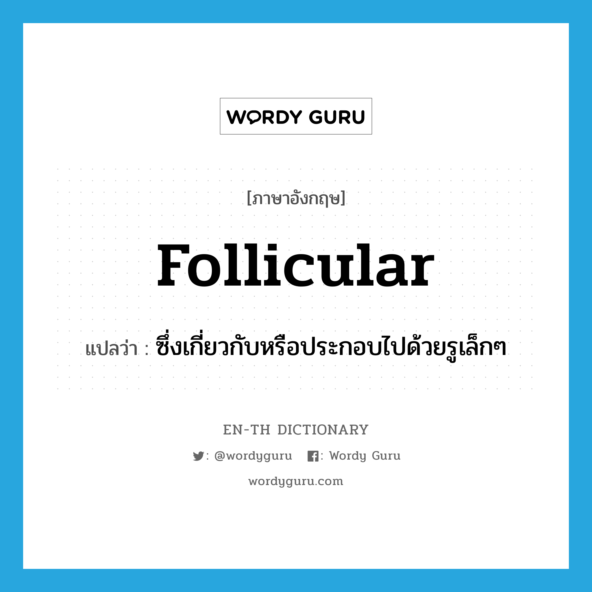follicular แปลว่า?, คำศัพท์ภาษาอังกฤษ follicular แปลว่า ซึ่งเกี่ยวกับหรือประกอบไปด้วยรูเล็กๆ ประเภท ADJ หมวด ADJ