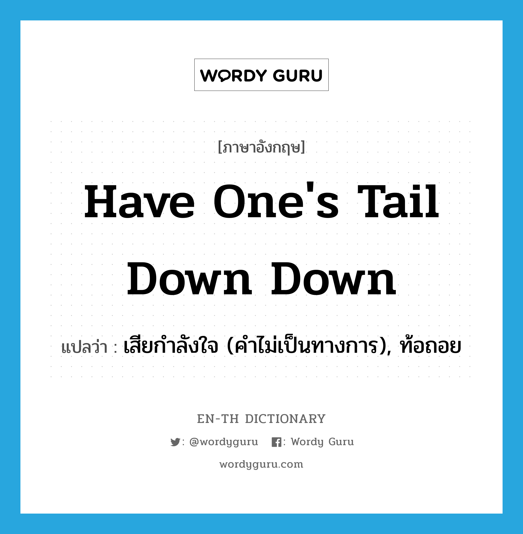 have one's tail down down แปลว่า?, คำศัพท์ภาษาอังกฤษ have one's tail down down แปลว่า เสียกำลังใจ (คำไม่เป็นทางการ), ท้อถอย ประเภท IDM หมวด IDM