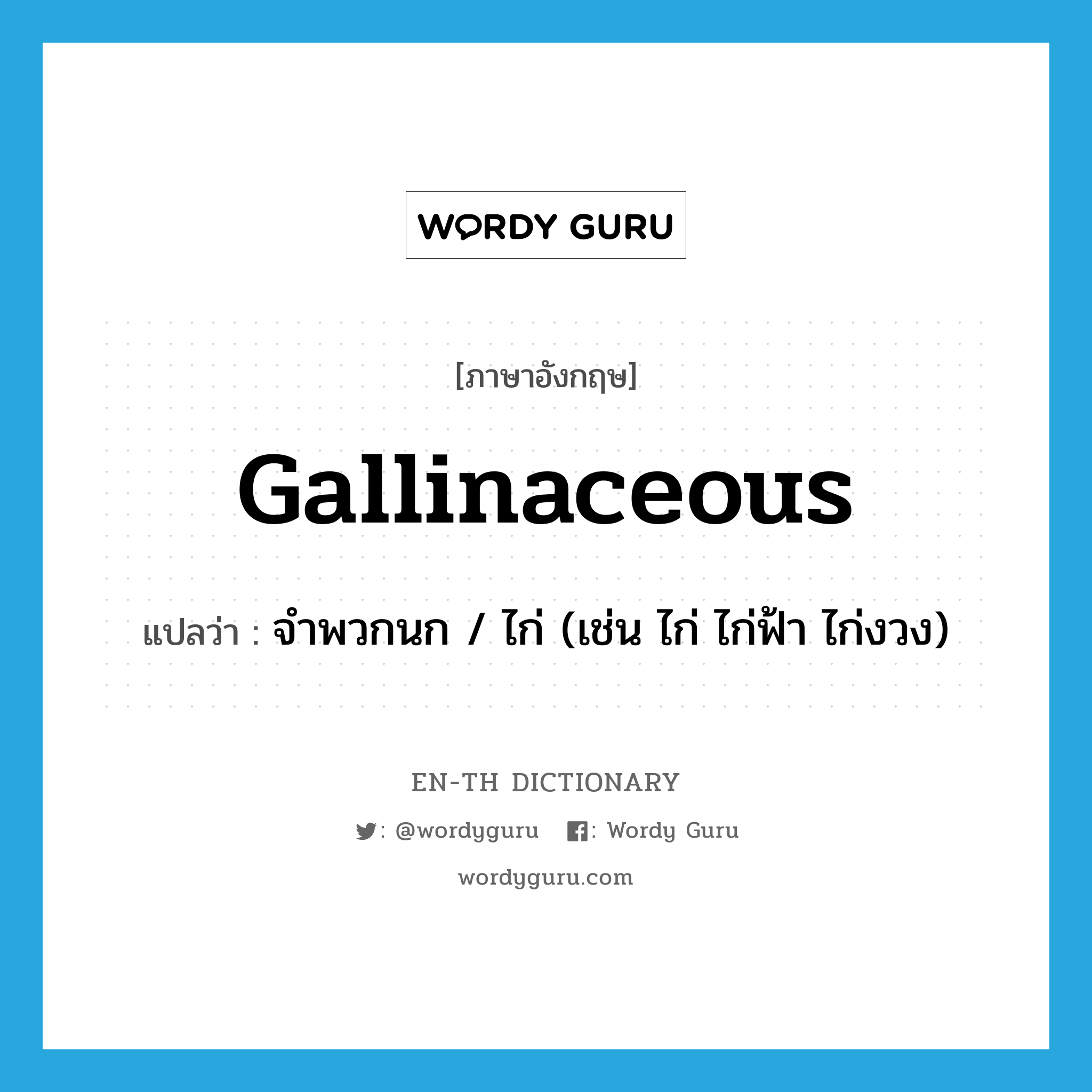 gallinaceous แปลว่า?, คำศัพท์ภาษาอังกฤษ gallinaceous แปลว่า จำพวกนก / ไก่ (เช่น ไก่ ไก่ฟ้า ไก่งวง) ประเภท ADJ หมวด ADJ