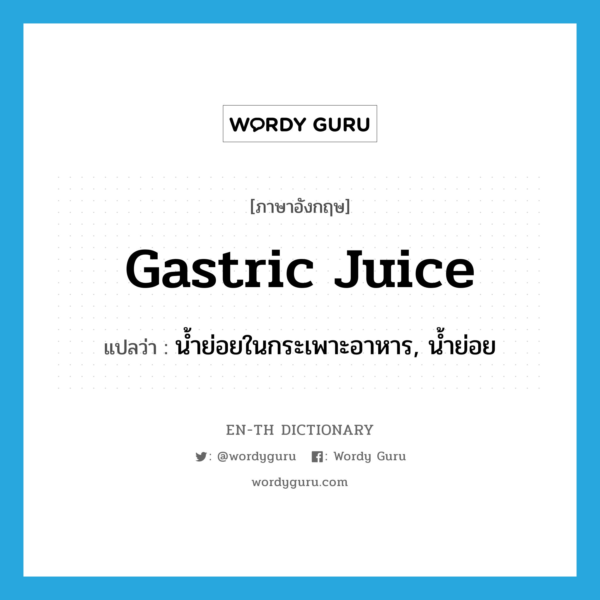 gastric juice แปลว่า?, คำศัพท์ภาษาอังกฤษ gastric juice แปลว่า น้ำย่อยในกระเพาะอาหาร, น้ำย่อย ประเภท N หมวด N