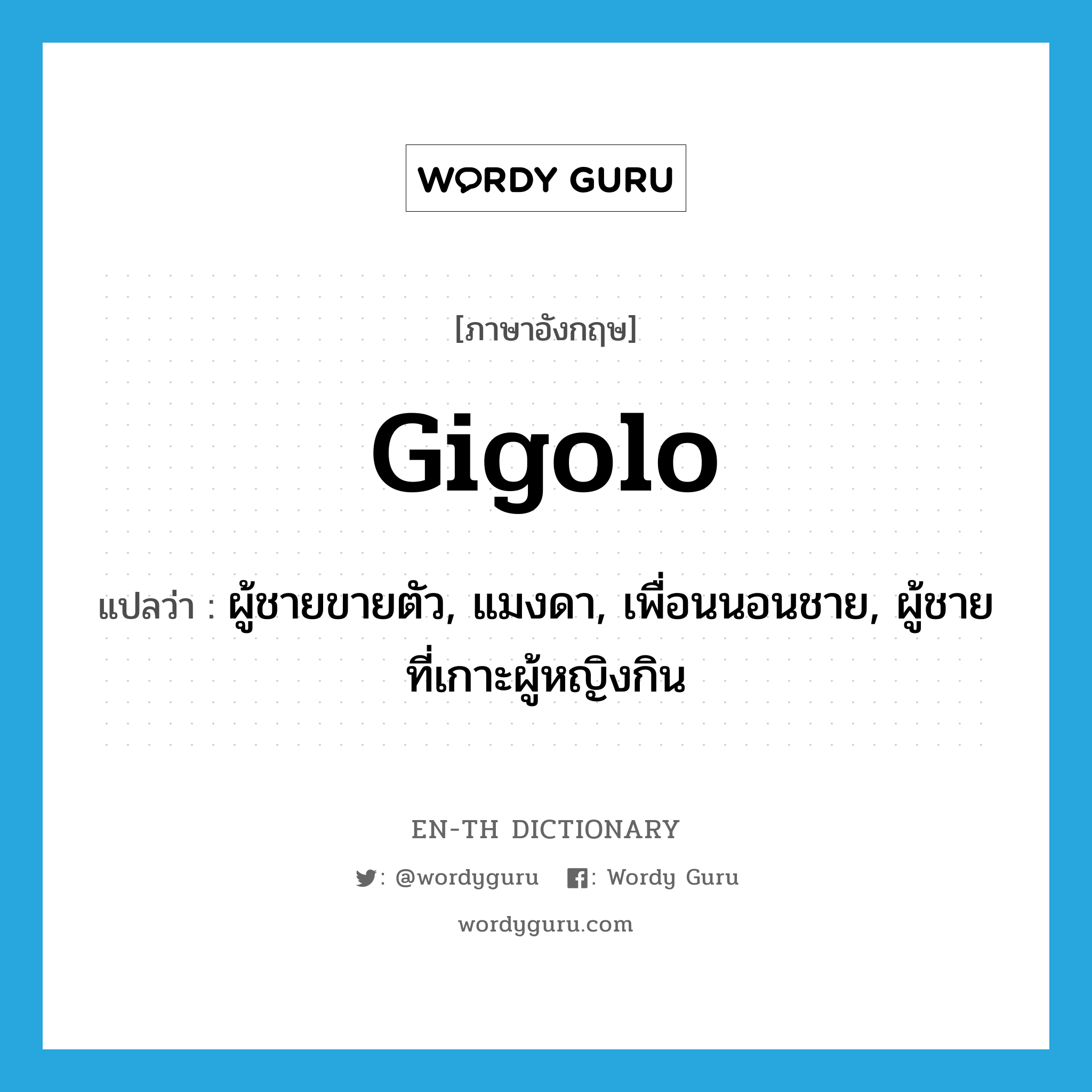 gigolo แปลว่า?, คำศัพท์ภาษาอังกฤษ gigolo แปลว่า ผู้ชายขายตัว, แมงดา, เพื่อนนอนชาย, ผู้ชายที่เกาะผู้หญิงกิน ประเภท N หมวด N
