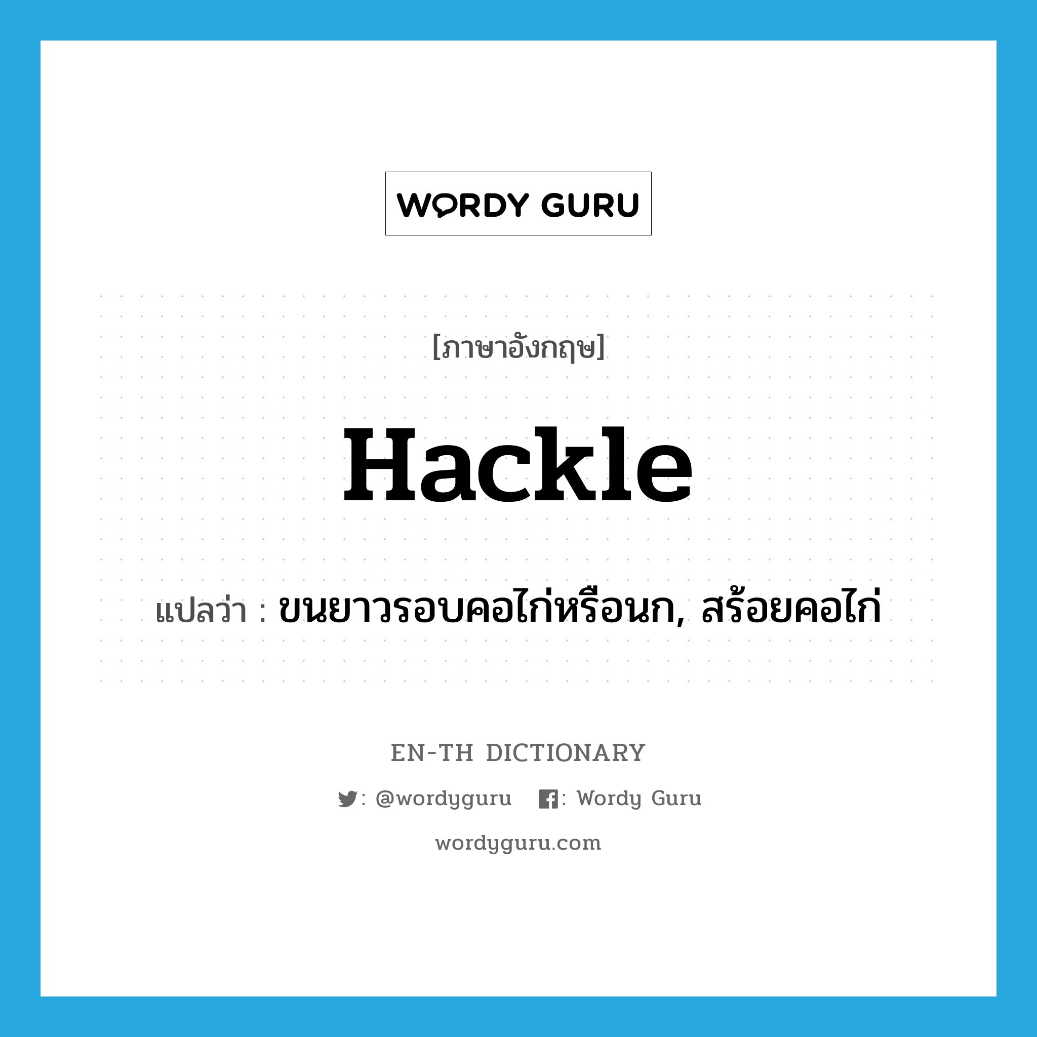hackle แปลว่า?, คำศัพท์ภาษาอังกฤษ hackle แปลว่า ขนยาวรอบคอไก่หรือนก, สร้อยคอไก่ ประเภท N หมวด N