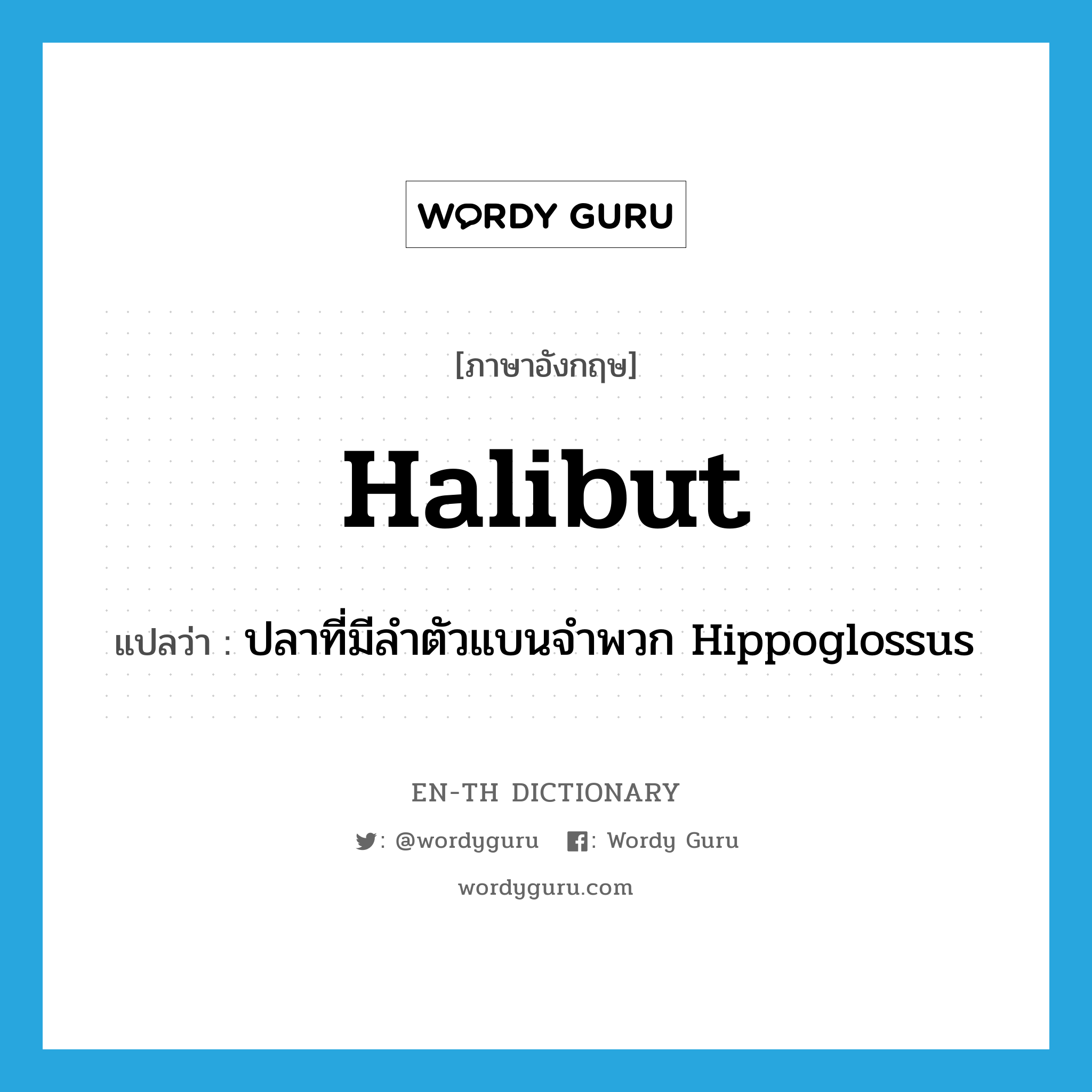 halibut แปลว่า?, คำศัพท์ภาษาอังกฤษ halibut แปลว่า ปลาที่มีลำตัวแบนจำพวก Hippoglossus ประเภท N หมวด N
