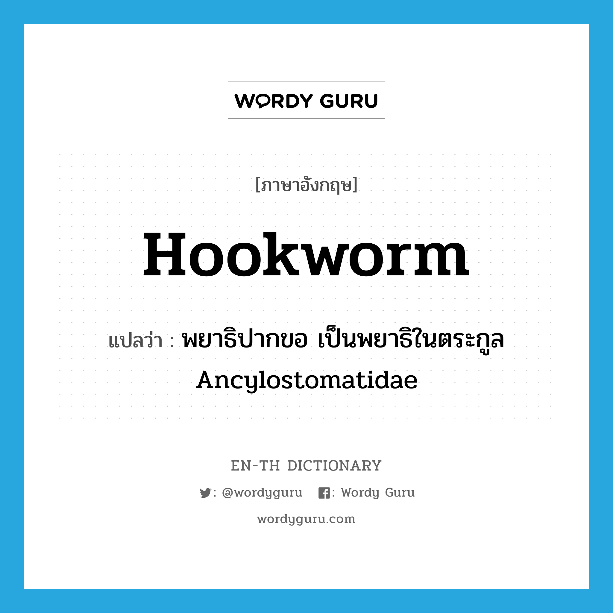 พยาธิปากขอ เป็นพยาธิในตระกูล Ancylostomatidae ภาษาอังกฤษ?, คำศัพท์ภาษาอังกฤษ พยาธิปากขอ เป็นพยาธิในตระกูล Ancylostomatidae แปลว่า hookworm ประเภท N หมวด N