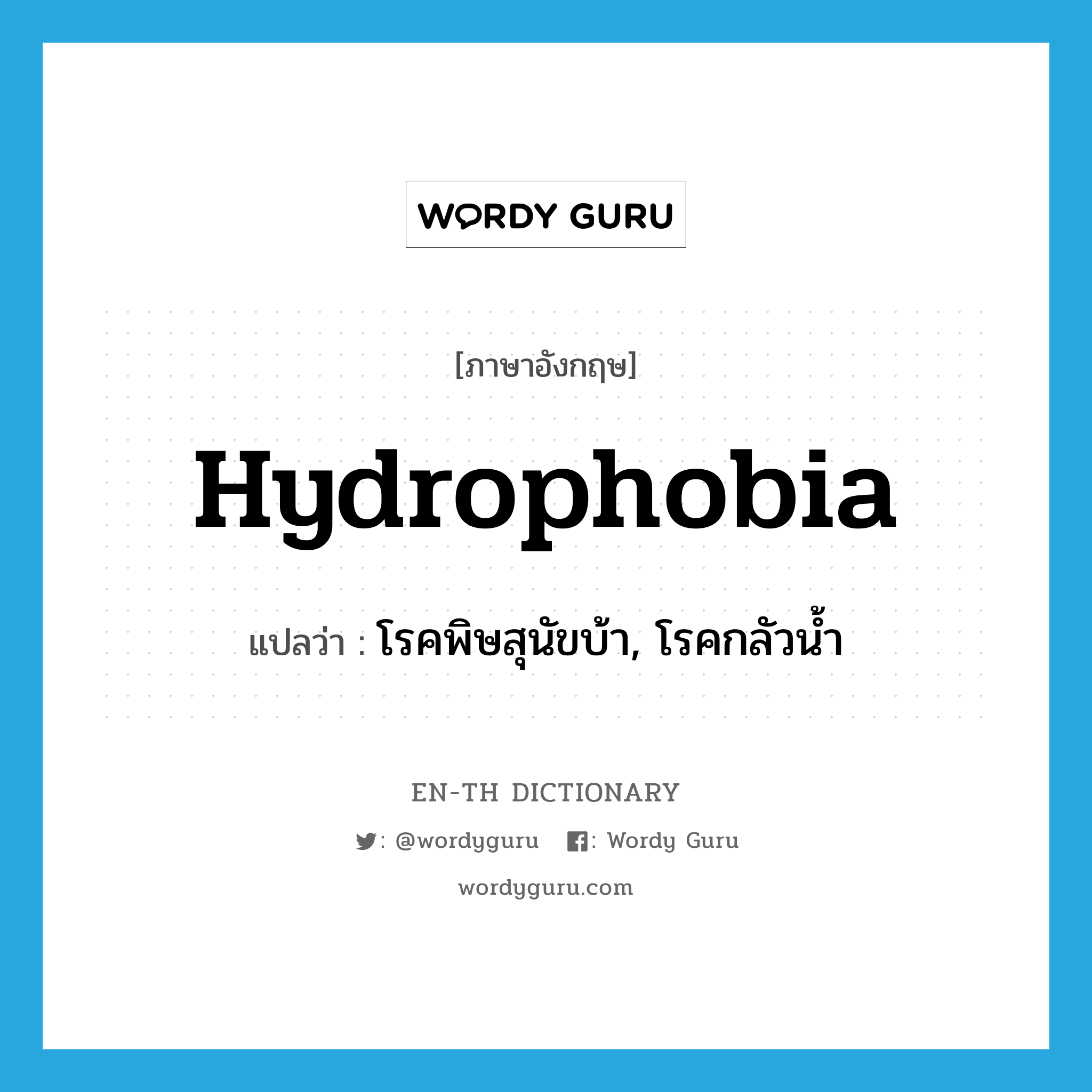 hydrophobia แปลว่า?, คำศัพท์ภาษาอังกฤษ hydrophobia แปลว่า โรคพิษสุนัขบ้า, โรคกลัวน้ำ ประเภท N หมวด N