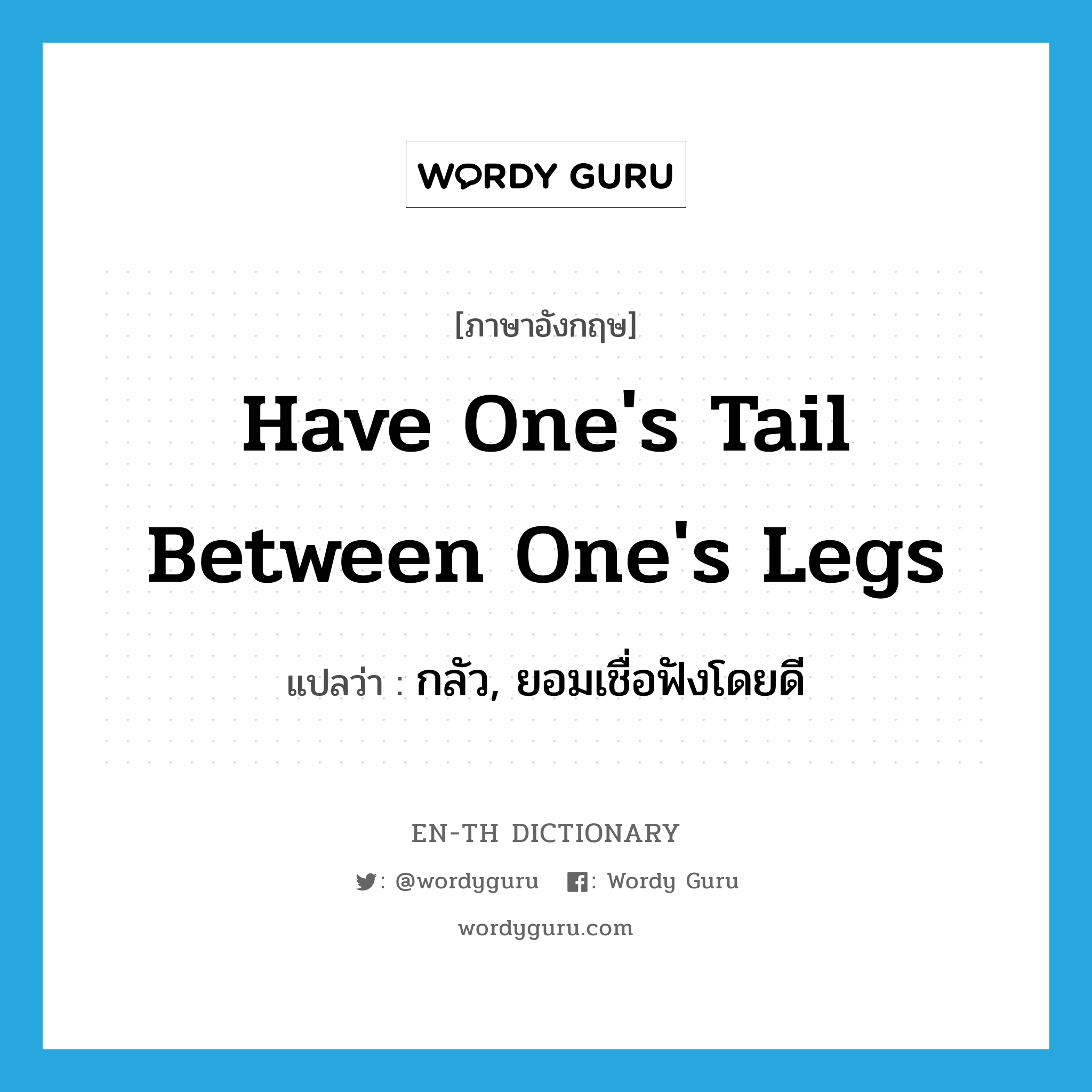 have one's tail between one's legs แปลว่า?, คำศัพท์ภาษาอังกฤษ have one's tail between one's legs แปลว่า กลัว, ยอมเชื่อฟังโดยดี ประเภท IDM หมวด IDM