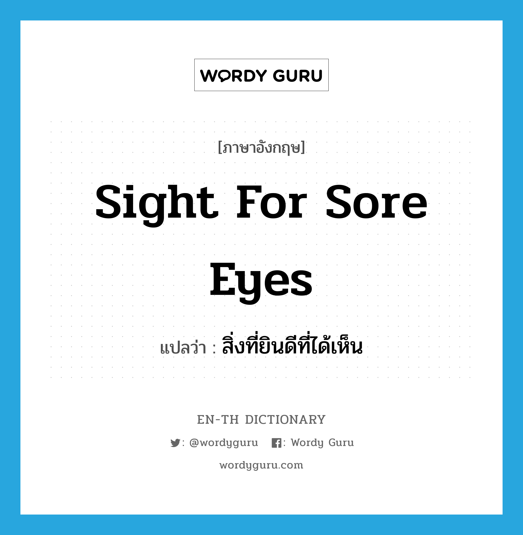 sight for sore eyes แปลว่า?, คำศัพท์ภาษาอังกฤษ sight for sore eyes แปลว่า สิ่งที่ยินดีที่ได้เห็น ประเภท IDM หมวด IDM