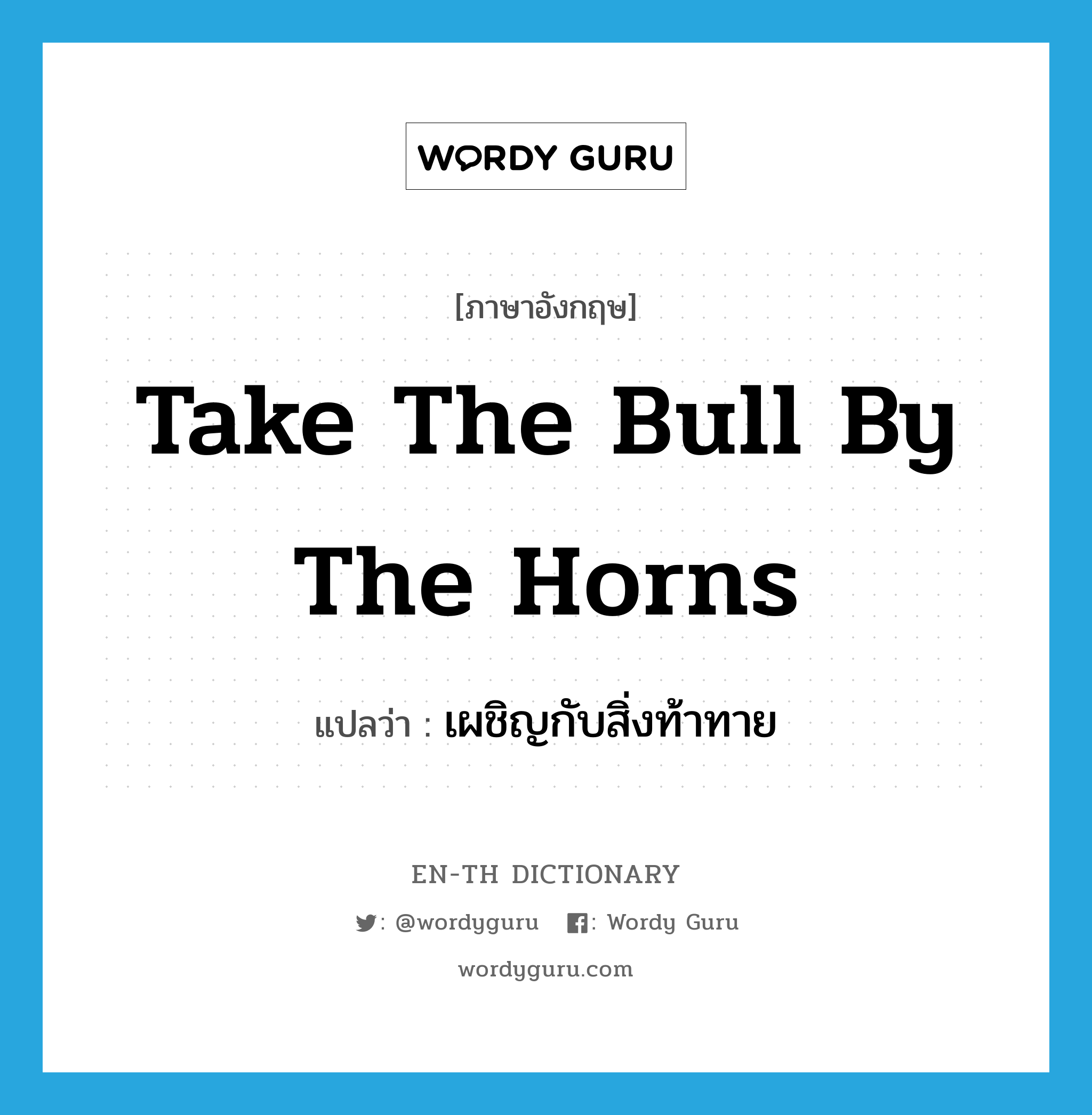take the bull by the horns แปลว่า?, คำศัพท์ภาษาอังกฤษ take the bull by the horns แปลว่า เผชิญกับสิ่งท้าทาย ประเภท IDM หมวด IDM