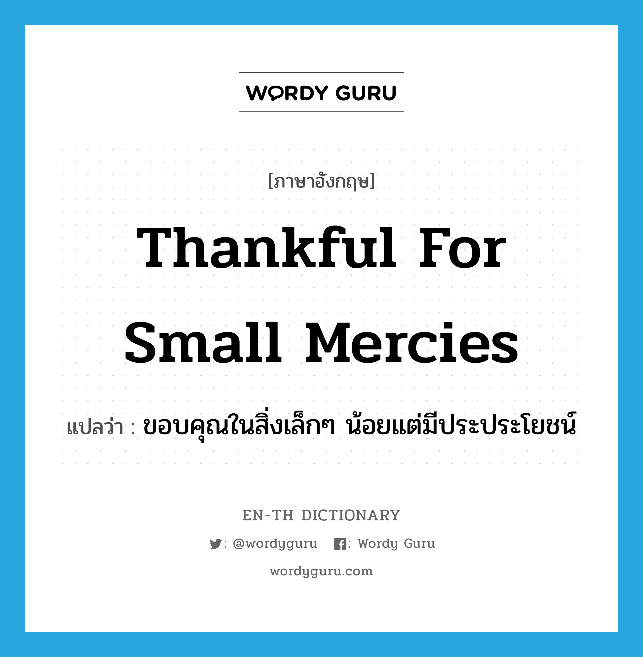 thankful for small mercies แปลว่า?, คำศัพท์ภาษาอังกฤษ thankful for small mercies แปลว่า ขอบคุณในสิ่งเล็กๆ น้อยแต่มีประประโยชน์ ประเภท IDM หมวด IDM