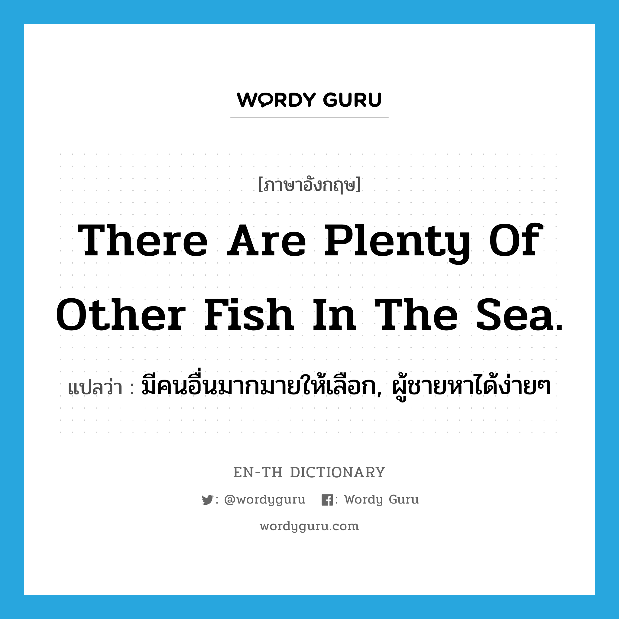 มีคนอื่นมากมายให้เลือก, ผู้ชายหาได้ง่ายๆ ภาษาอังกฤษ?, คำศัพท์ภาษาอังกฤษ มีคนอื่นมากมายให้เลือก, ผู้ชายหาได้ง่ายๆ แปลว่า There are plenty of other fish in the sea. ประเภท IDM หมวด IDM
