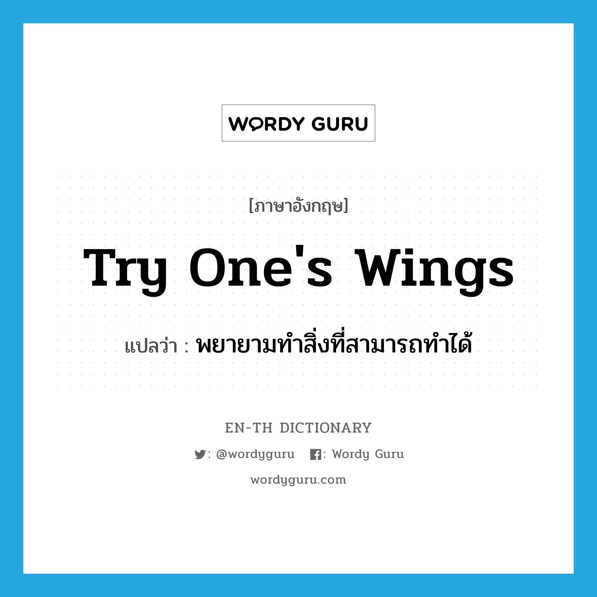 try one's wings แปลว่า?, คำศัพท์ภาษาอังกฤษ try one's wings แปลว่า พยายามทำสิ่งที่สามารถทำได้ ประเภท IDM หมวด IDM