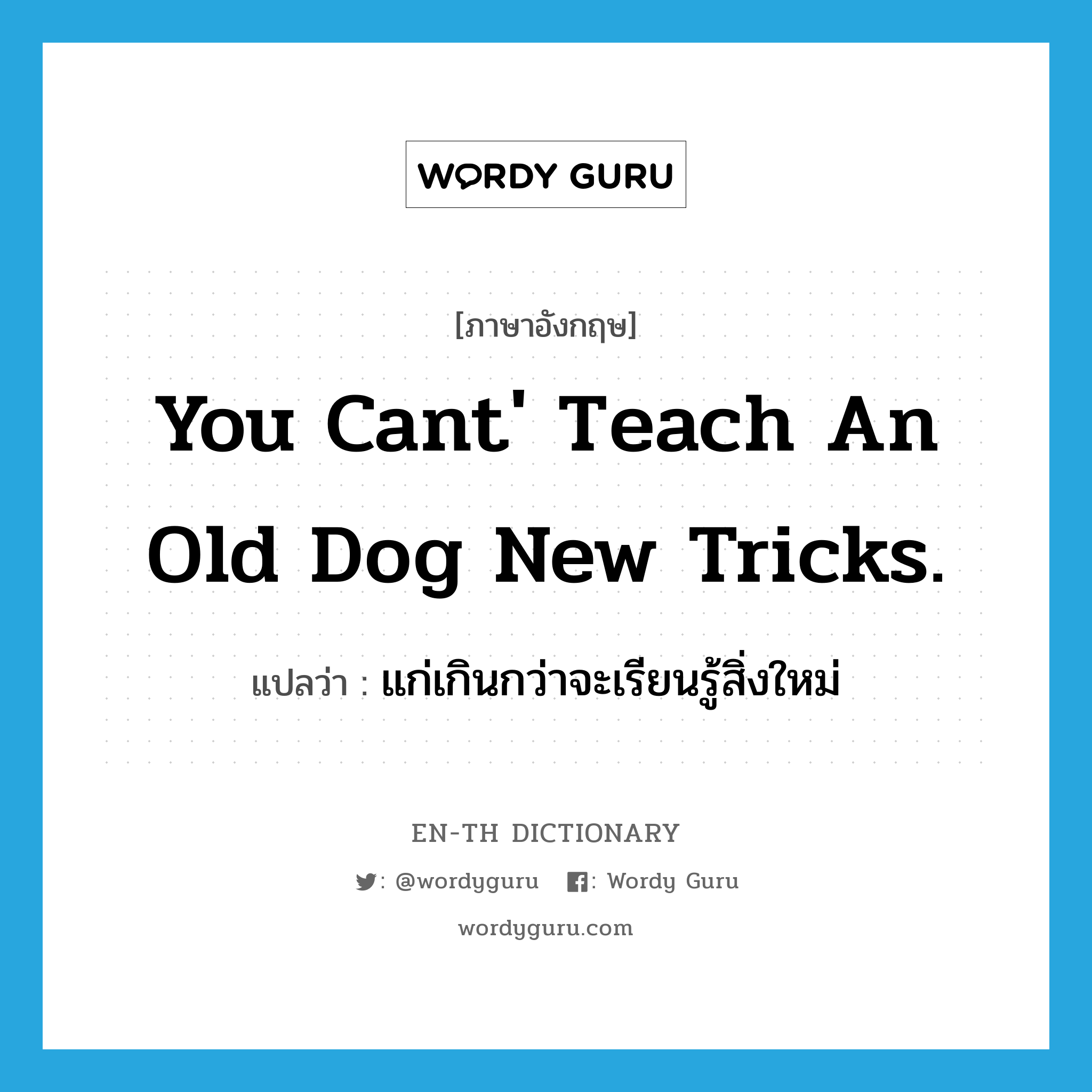 แก่เกินกว่าจะเรียนรู้สิ่งใหม่ ภาษาอังกฤษ?, คำศัพท์ภาษาอังกฤษ แก่เกินกว่าจะเรียนรู้สิ่งใหม่ แปลว่า You cant' teach an old dog new tricks. ประเภท IDM หมวด IDM