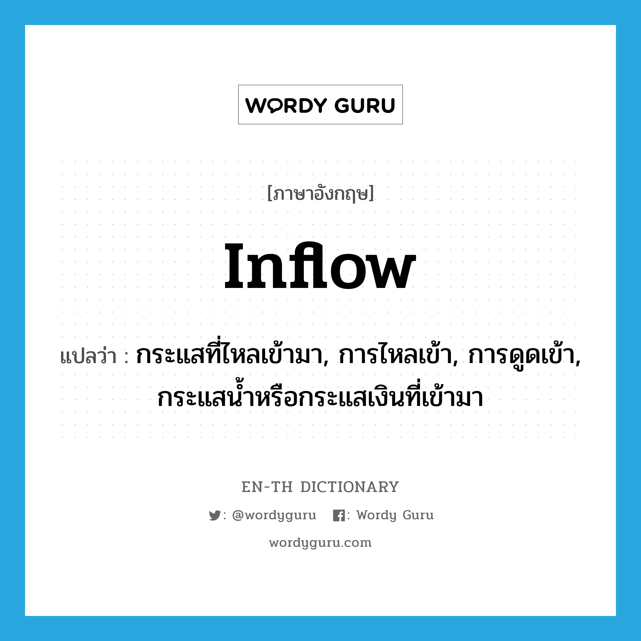 inflow แปลว่า?, คำศัพท์ภาษาอังกฤษ inflow แปลว่า กระแสที่ไหลเข้ามา, การไหลเข้า, การดูดเข้า, กระแสน้ำหรือกระแสเงินที่เข้ามา ประเภท N หมวด N