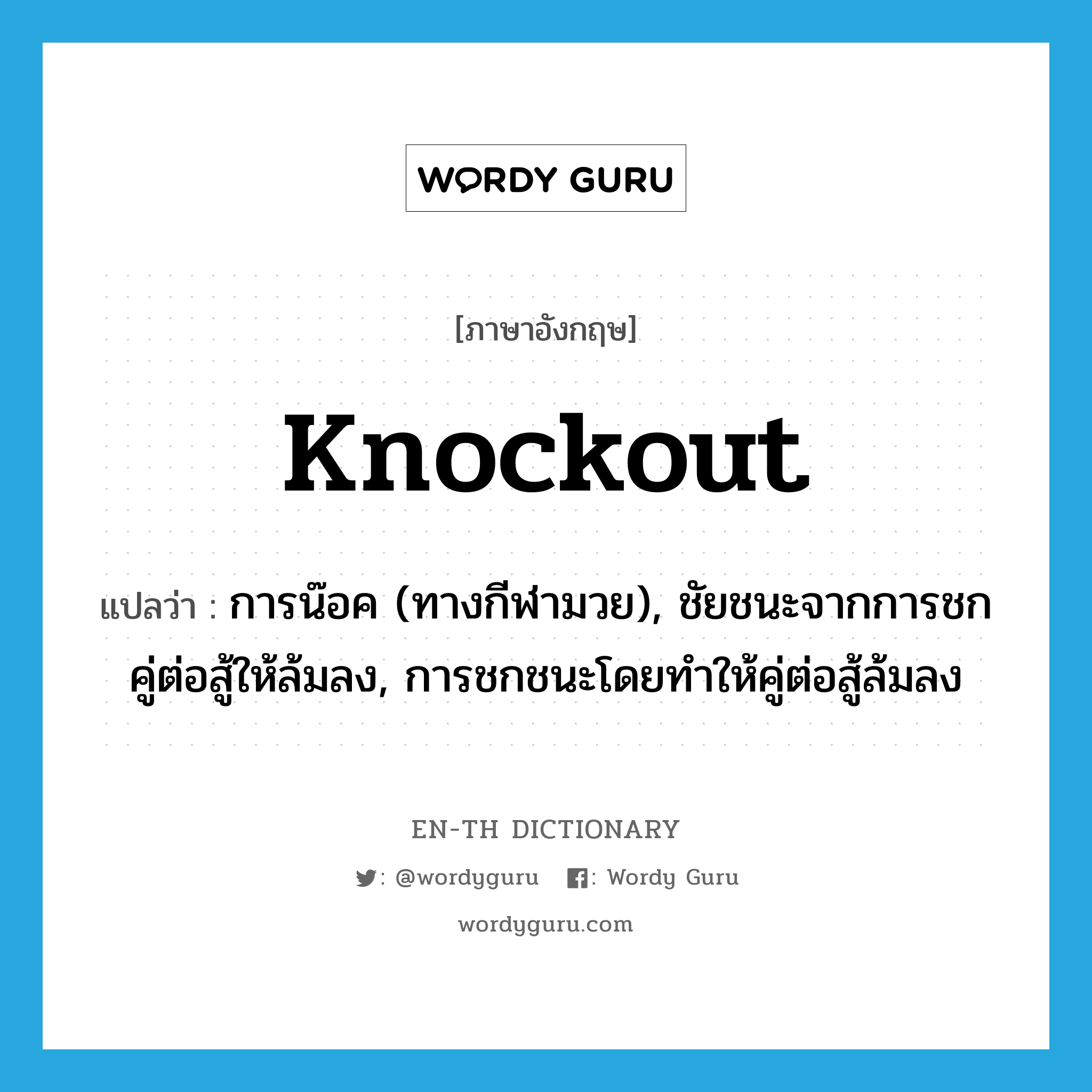 knockout แปลว่า?, คำศัพท์ภาษาอังกฤษ knockout แปลว่า การน๊อค (ทางกีฬามวย), ชัยชนะจากการชกคู่ต่อสู้ให้ล้มลง, การชกชนะโดยทำให้คู่ต่อสู้ล้มลง ประเภท N หมวด N